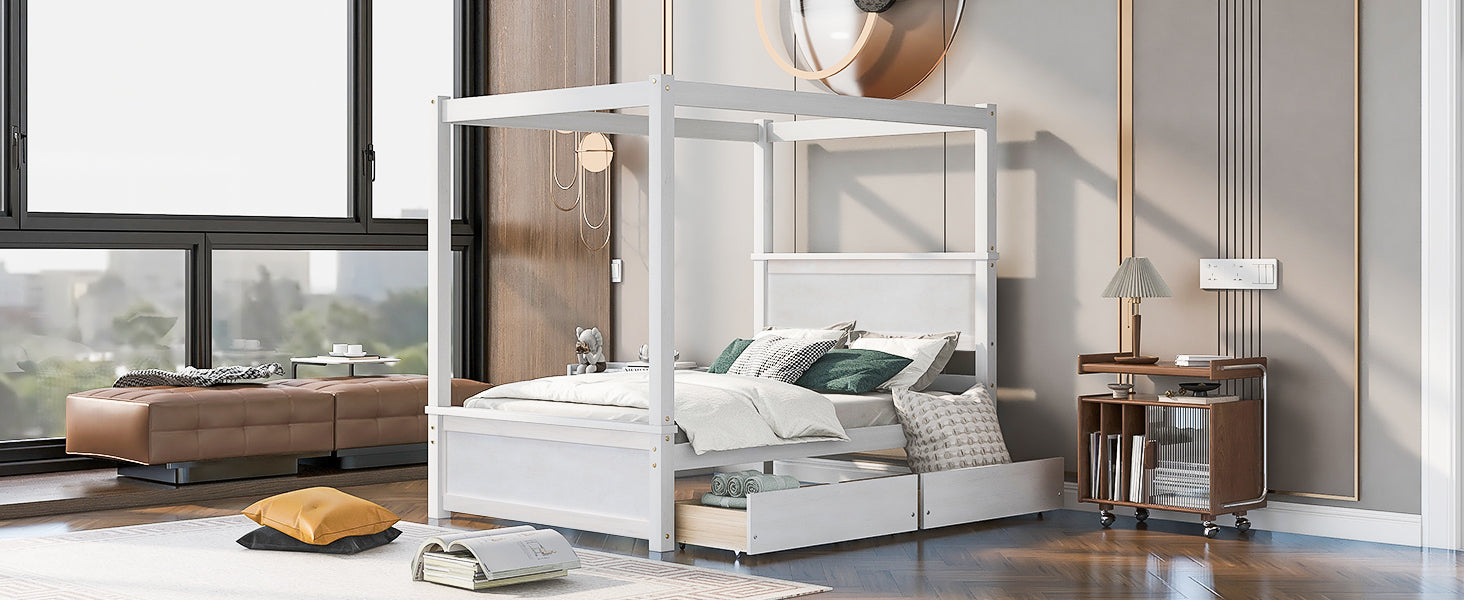 Wood Canopy Bed With Two Drawers, Full Size Canopy Platform Bed With Support Slats .No Box Spring Needed, Brushed White White Solid Wood Mdf