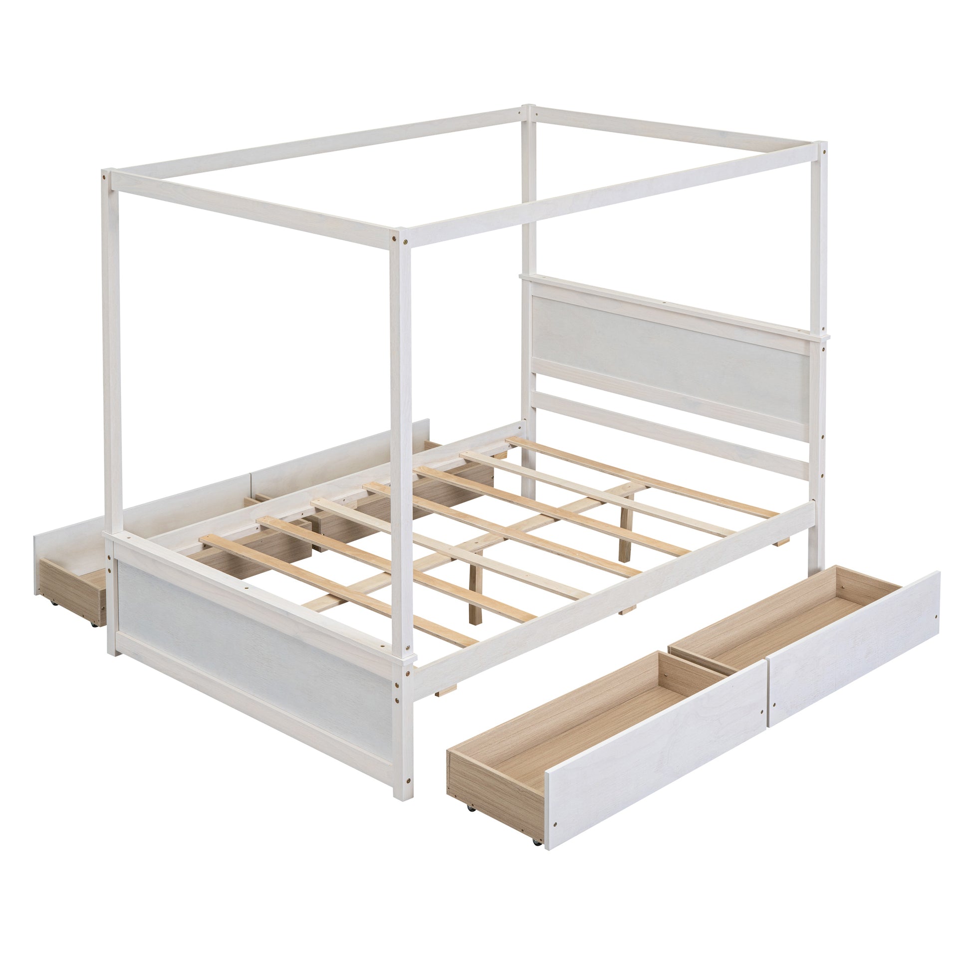 Wood Canopy Bed With Four Drawers ,Full Size Canopy Platform Bed With Support Slats .No Box Spring Needed, Brushed White White Solid Wood Mdf