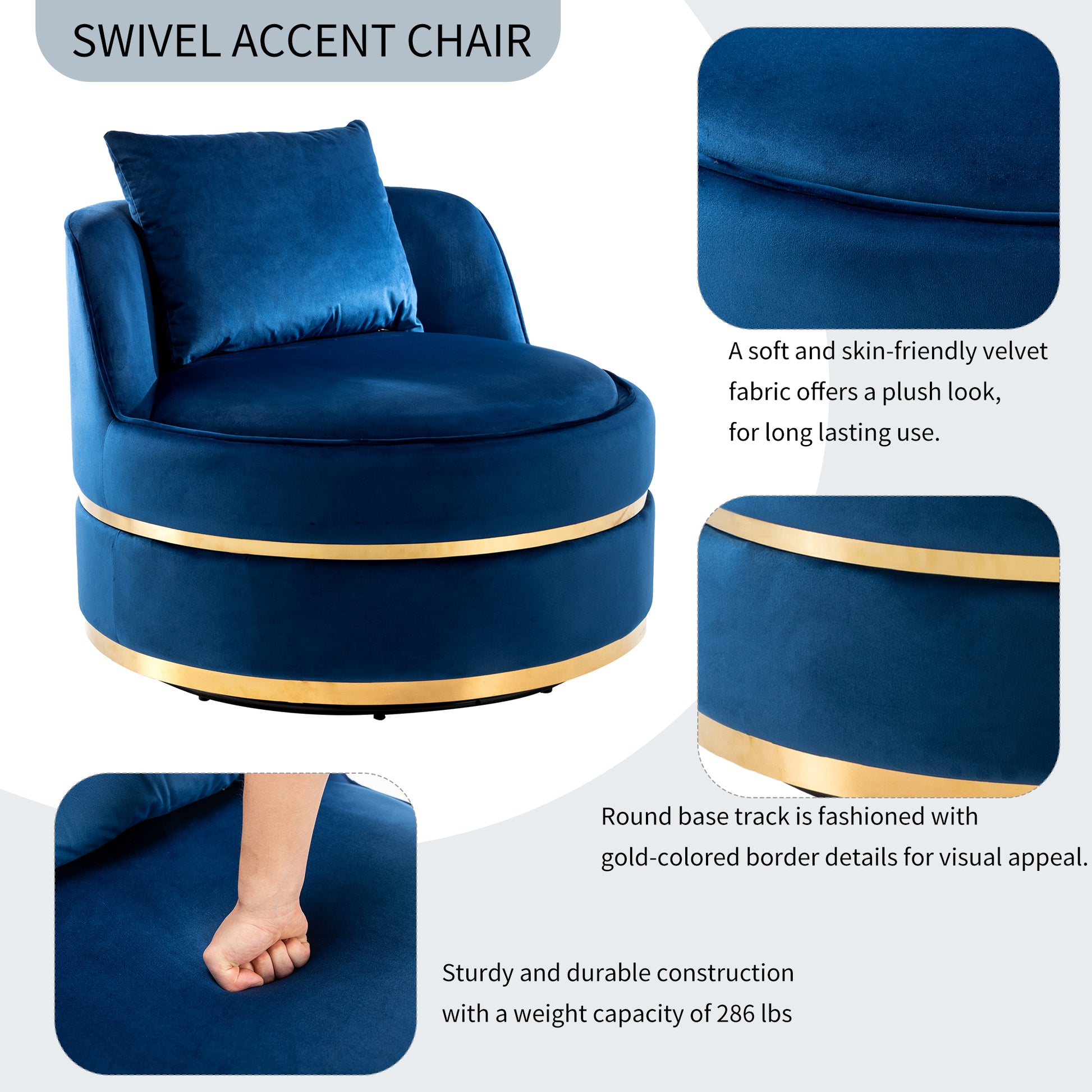 360 Degree Swivel Accent Chair Velvet Modern Upholstered Barrel Chair Over Sized Soft Chair With Seat Cushion For Living Room, Bedroom, Office, Apartment, Blue Blue Foam Velvet