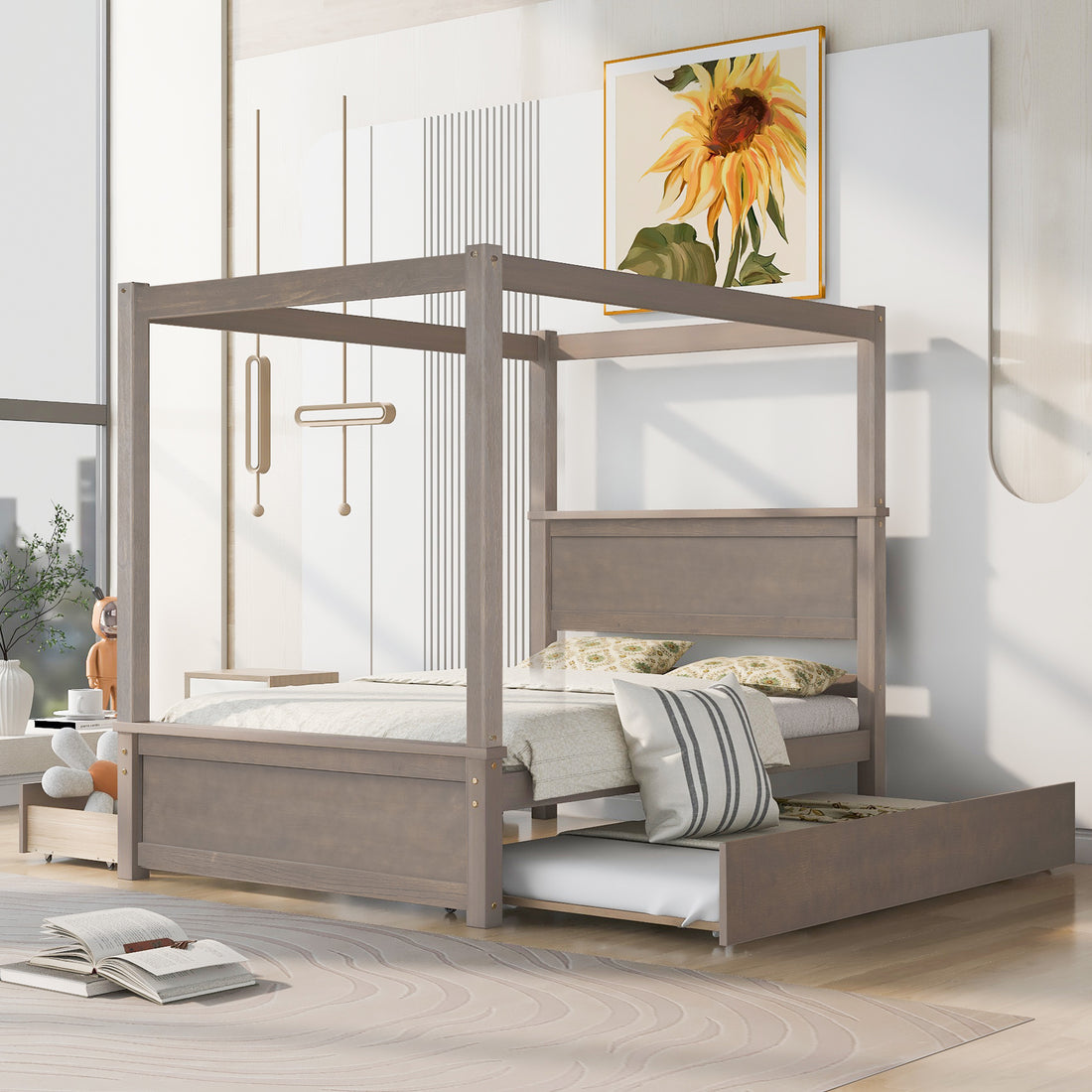 Wood Canopy Bed With Trundle Bed And Two Drawers ,Full Size Canopy Platform Bed With Support Slats .No Box Spring Needed, Brushed Light Brown Light Brown Solid Wood Mdf