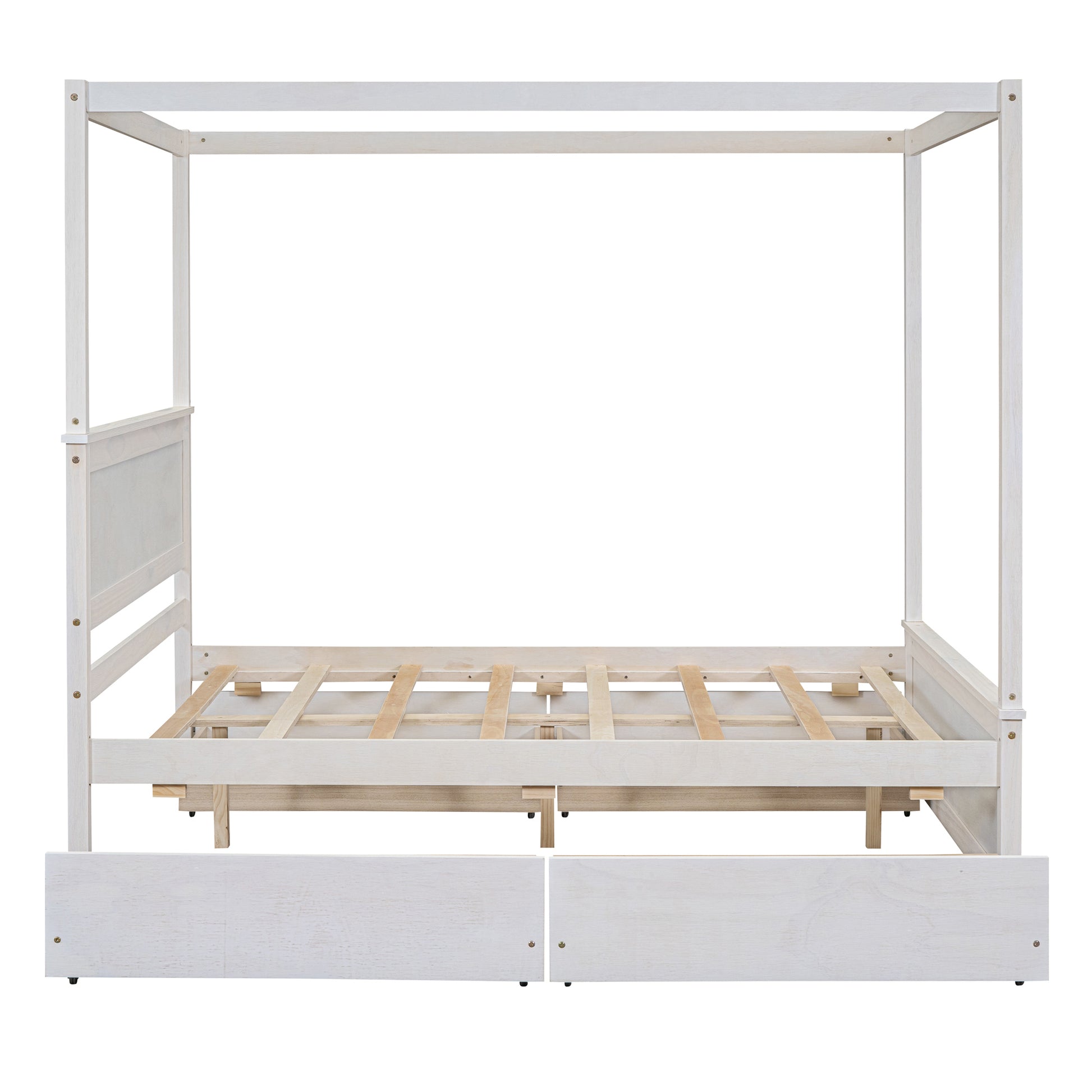 Wood Canopy Bed With Four Drawers ,Full Size Canopy Platform Bed With Support Slats .No Box Spring Needed, Brushed White White Solid Wood Mdf