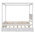 Wood Canopy Bed With Trundle Bed And Two Drawers ,Full Size Canopy Platform Bed With Support Slats .No Box Spring Needed, Brushed White White Solid Wood Mdf