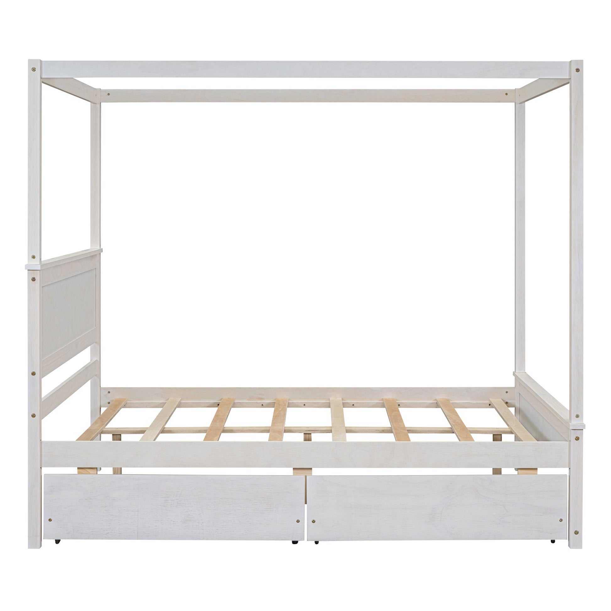 Wood Canopy Bed With Two Drawers, Full Size Canopy Platform Bed With Support Slats .No Box Spring Needed, Brushed White White Solid Wood Mdf