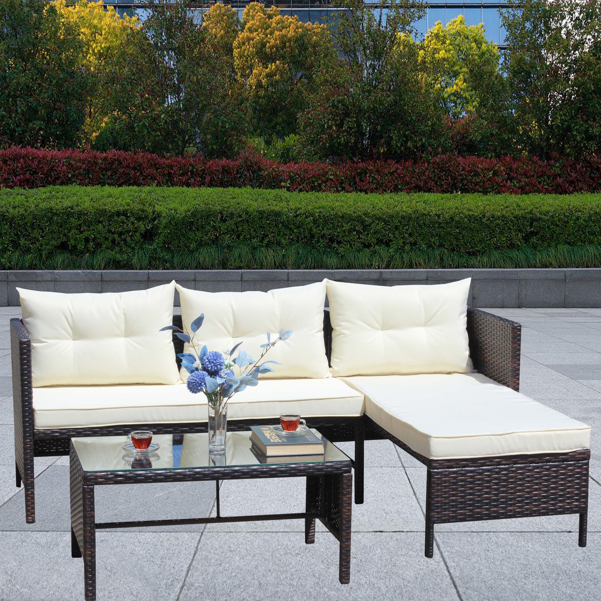 Outdoor Patio Furniture Sets 3 Piece Conversation Set Wicker Ratten Sectional Sofa With Seat Cushions Beige Cushion Brown Iron