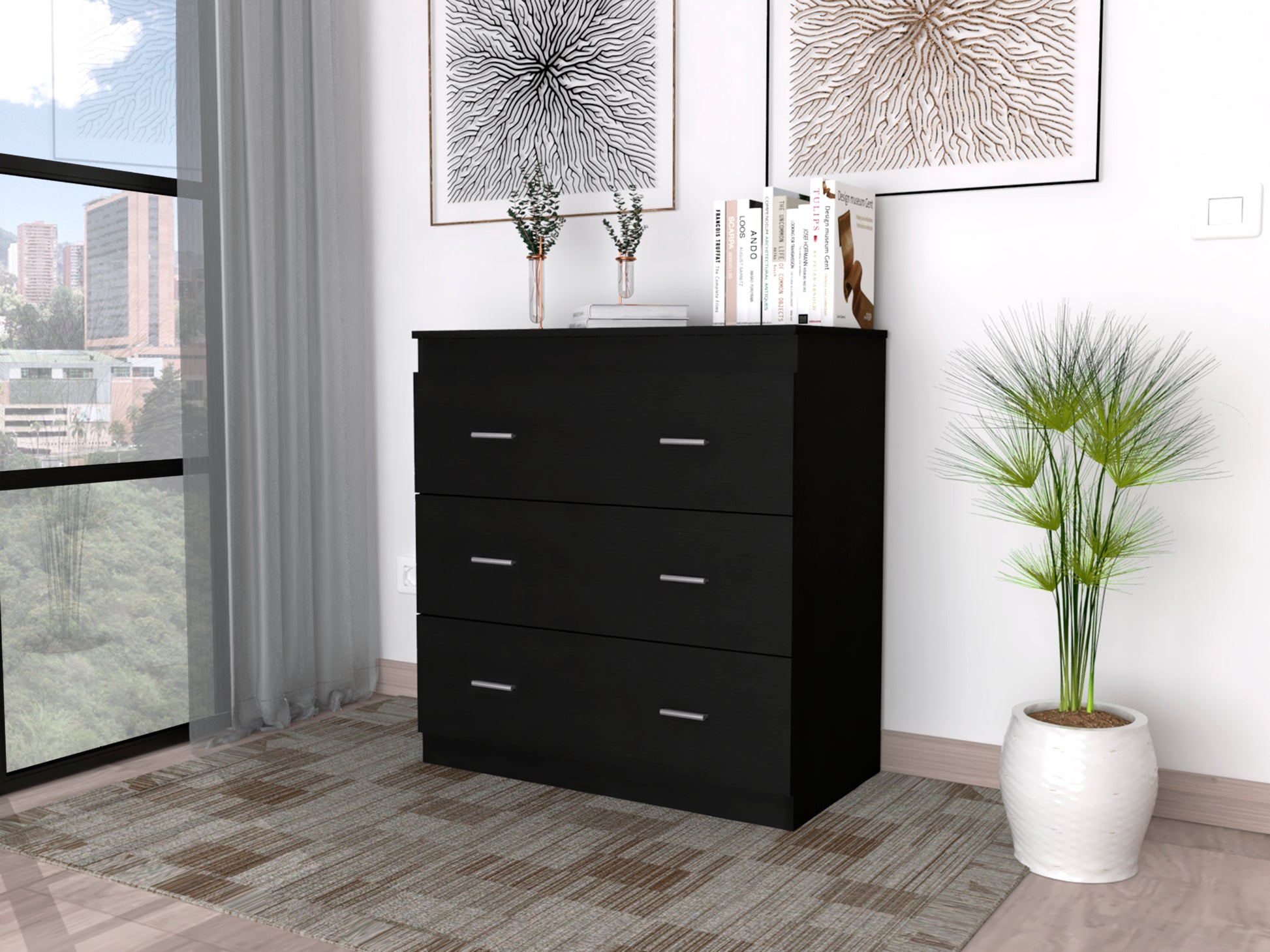 Georgia Three Drawer Dresser, Metal Handles, Superior Top Black Black Particle Board Particle Board