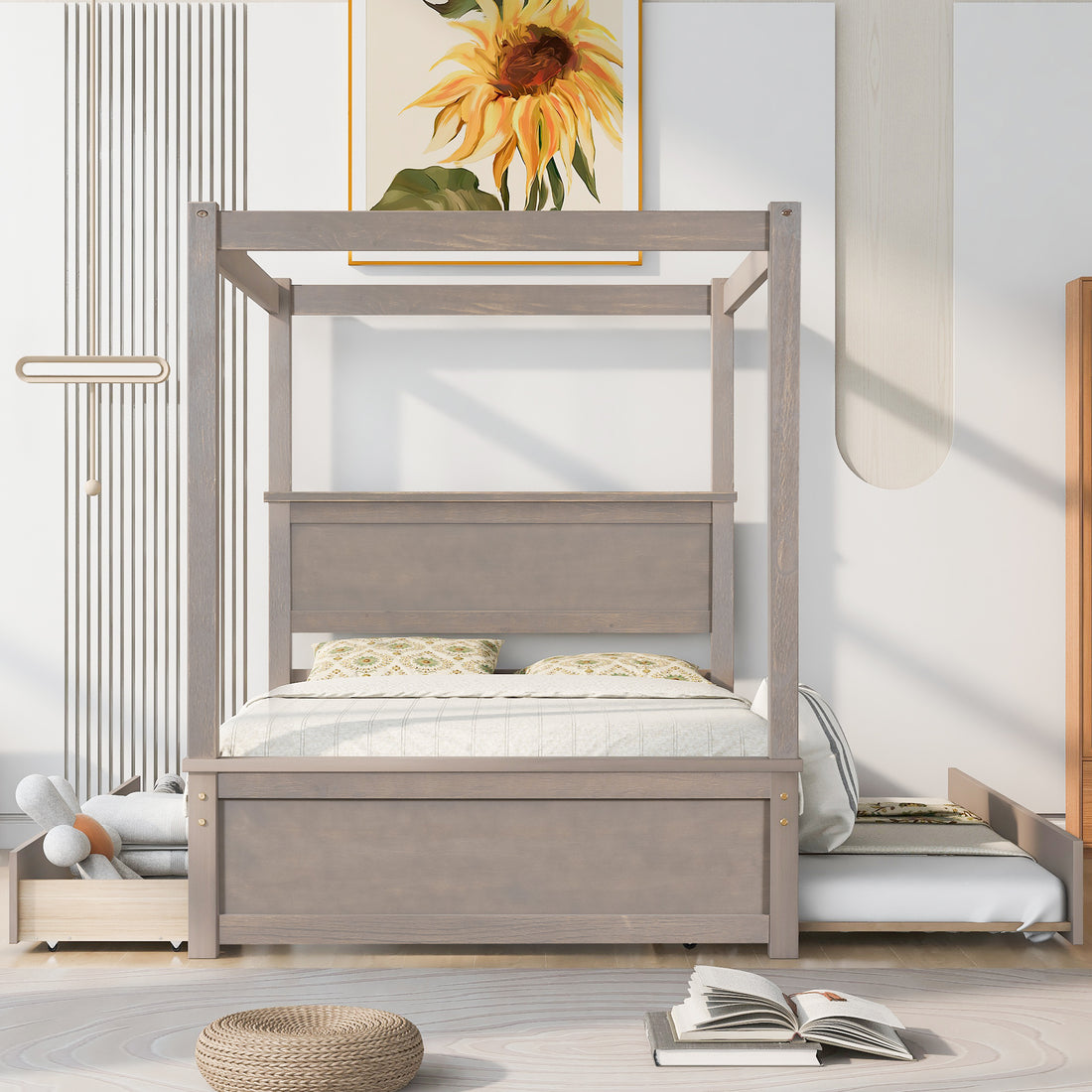 Wood Canopy Bed With Trundle Bed And Two Drawers ,Full Size Canopy Platform Bed With Support Slats .No Box Spring Needed, Brushed Light Brown Light Brown Solid Wood Mdf