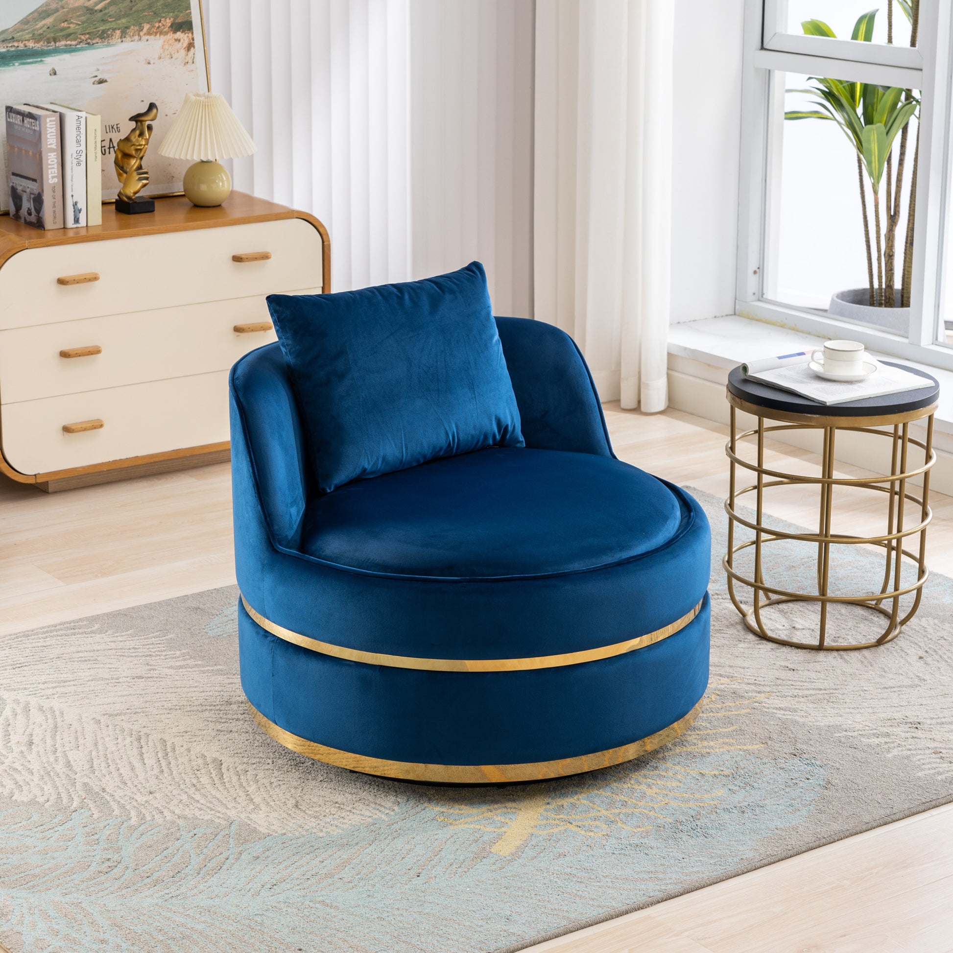 360 Degree Swivel Accent Chair Velvet Modern Upholstered Barrel Chair Over Sized Soft Chair With Seat Cushion For Living Room, Bedroom, Office, Apartment, Blue Blue Foam Velvet