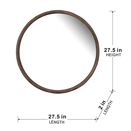 28" Round Wood Mirror, Wall Mounted Mirror Home Decor For Bathroom Living Room Brown Wood Glass