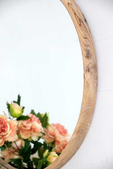 28" Round Wood Mirror, Wall Mounted Mirror Home Decor For Bathroom Living Room Brown Wood Glass