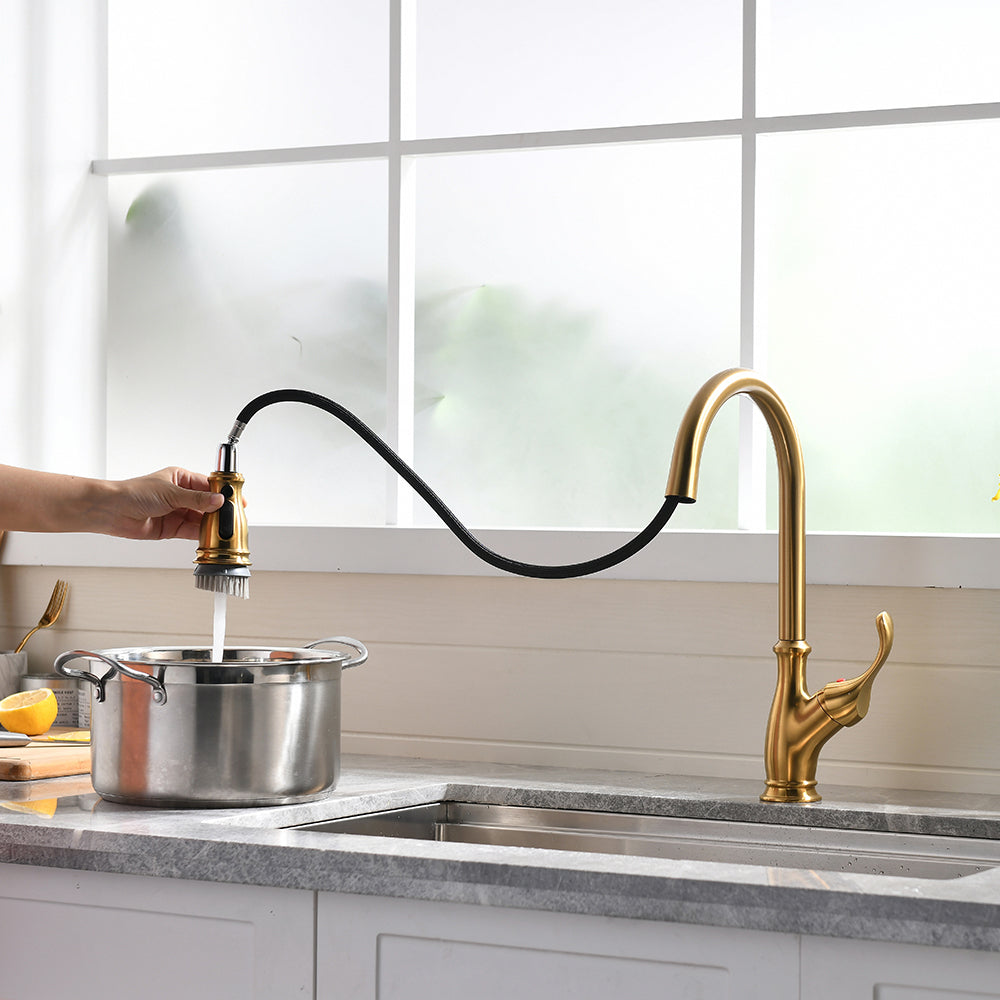 Gold Kitchen Faucet With Pull Out Sprayer Brushed Gold Single Handle 1 Hole High Arc Pull Out Kitchen Sink Faucets Golden Kitchen Antique,Classic,Modern Ceramic Zinc