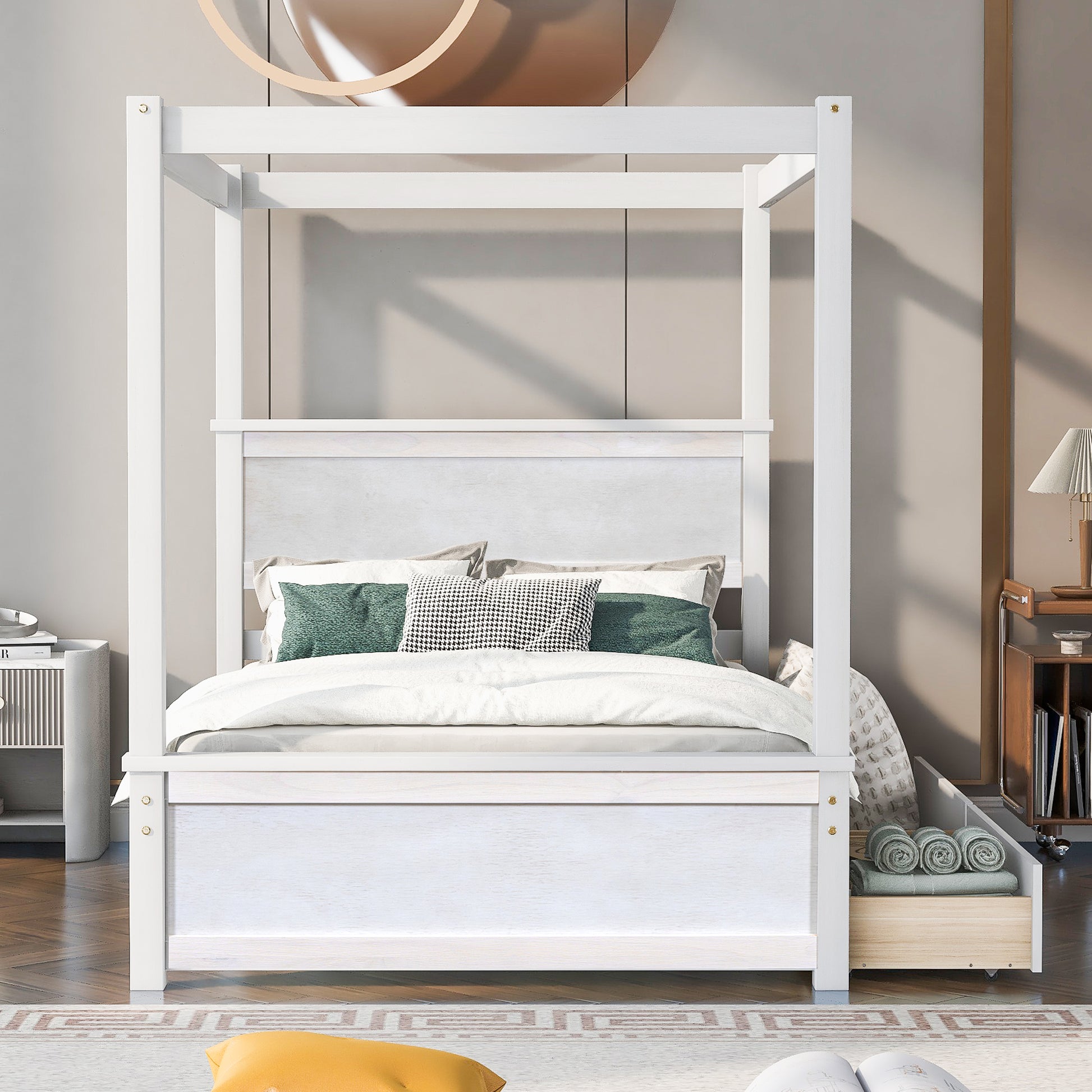 Wood Canopy Bed With Two Drawers, Full Size Canopy Platform Bed With Support Slats .No Box Spring Needed, Brushed White White Solid Wood Mdf