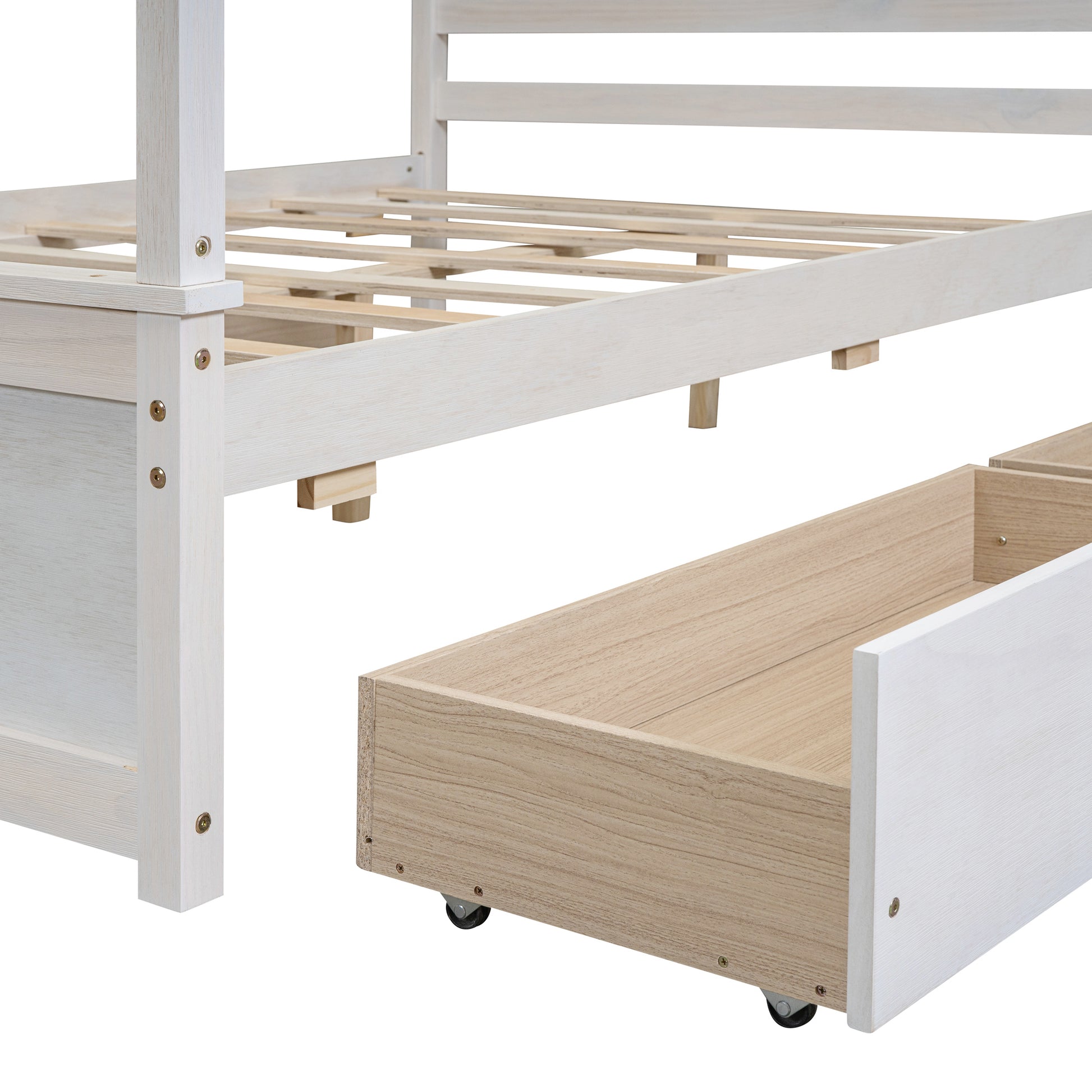 Wood Canopy Bed With Four Drawers ,Full Size Canopy Platform Bed With Support Slats .No Box Spring Needed, Brushed White White Solid Wood Mdf