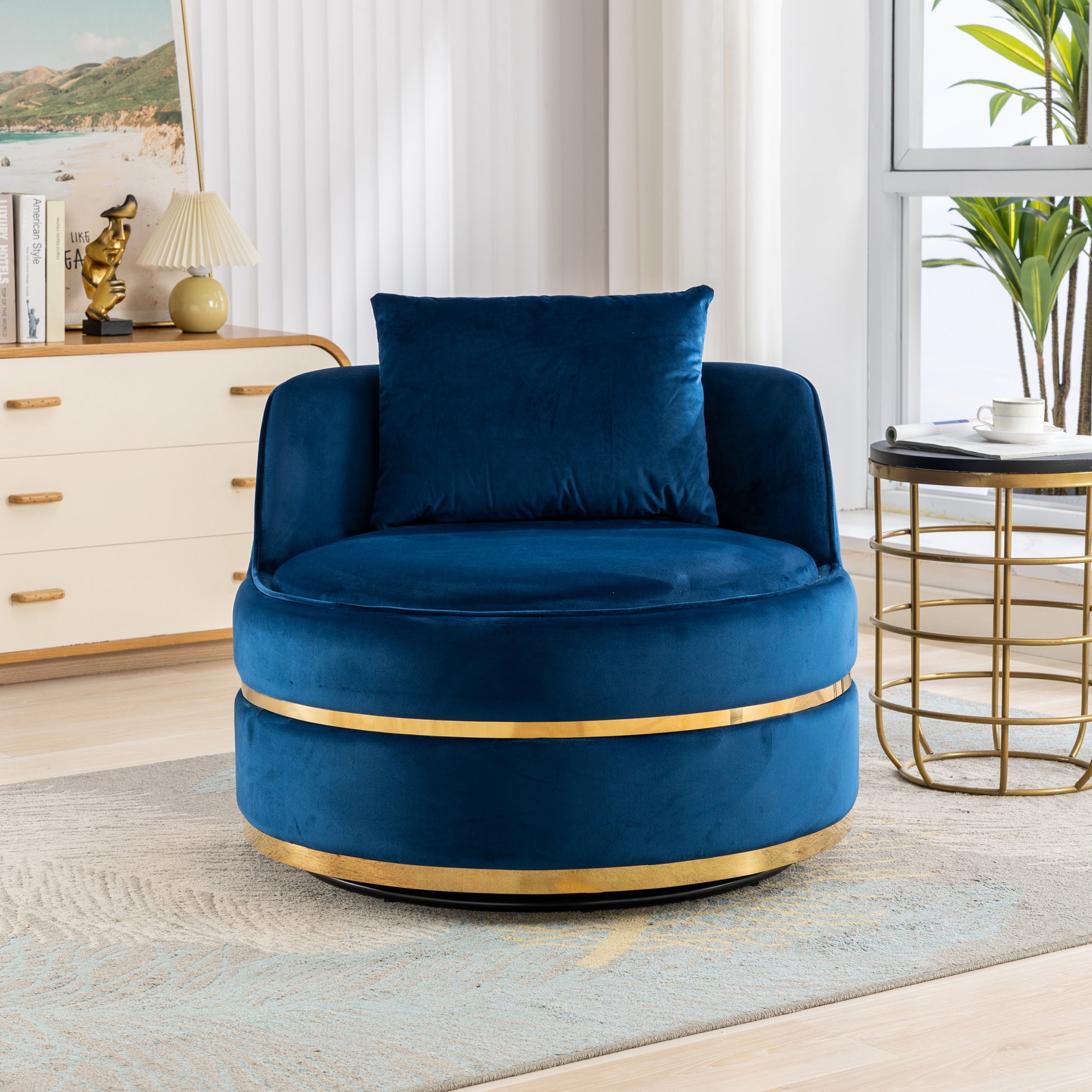 360 Degree Swivel Accent Chair Velvet Modern Upholstered Barrel Chair Over Sized Soft Chair With Seat Cushion For Living Room, Bedroom, Office, Apartment, Blue Blue Foam Velvet