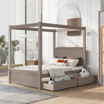 Wood Canopy Bed With Two Drawers, Full Size Canopy Platform Bed With Support Slats .No Box Spring Needed, Brushed Light Brown Light Brown Solid Wood Mdf