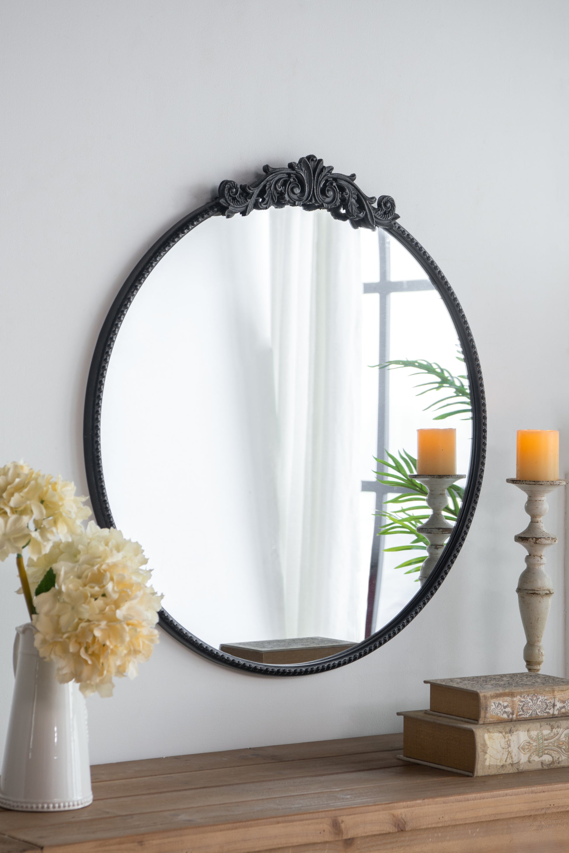 36" X 39" Classic Design Mirror With Round Shape And Baroque Inspired Frame For Bathroom, Entryway Console Lean Against Wall Black Mdf Glass