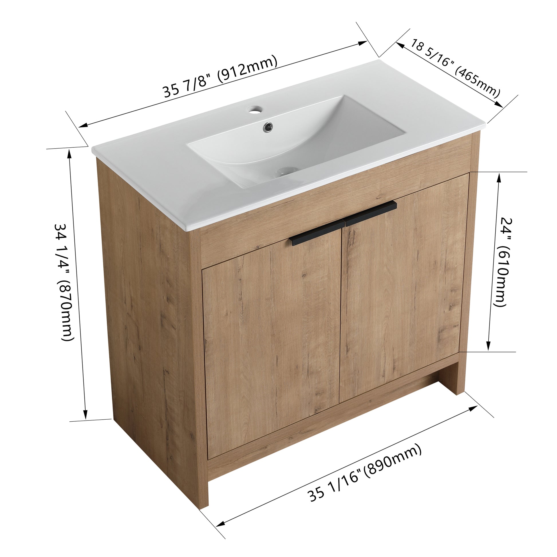 36" Freestanding Bathroom Vanity With White Ceramic Sink & 2 Soft Close Cabinet Doors Kd Packing ,Bvb02436Imo F Bl9090B Imitative Oak 2 Bathroom Freestanding Modern Plywood