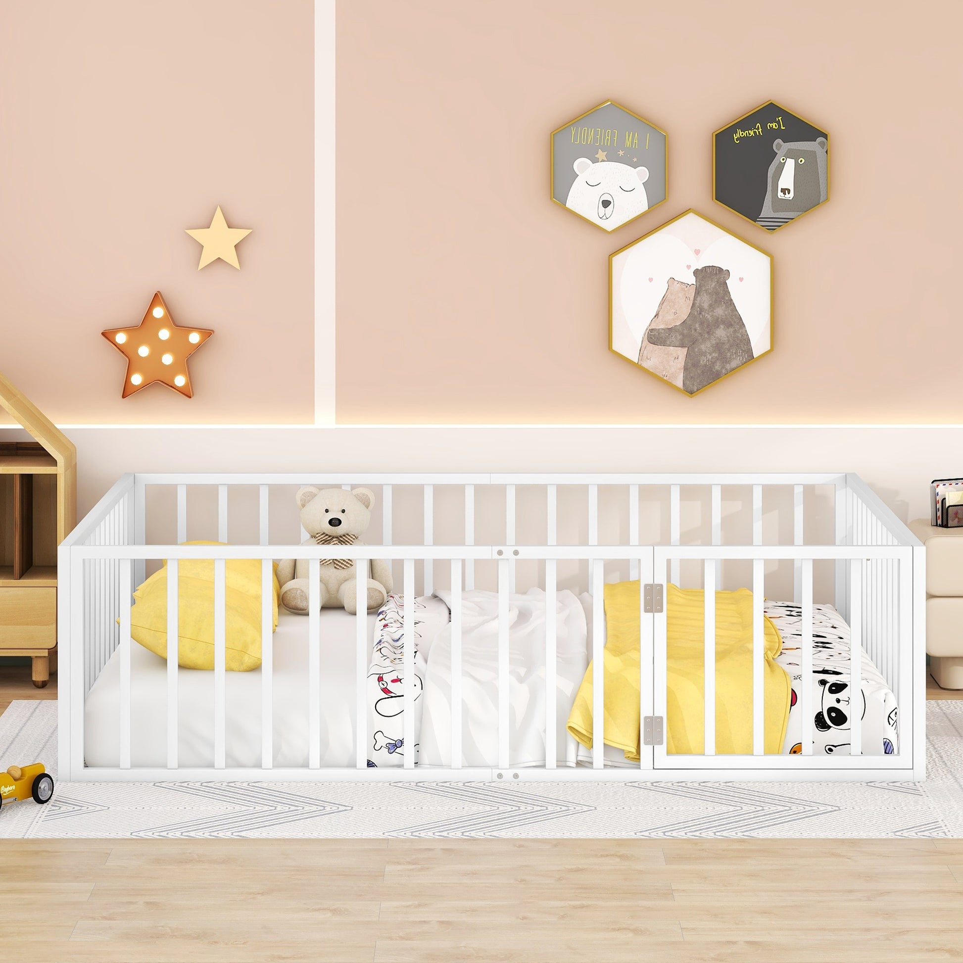 Queen Size Metal Floor Bed Frame With Fence And Door, White White Metal