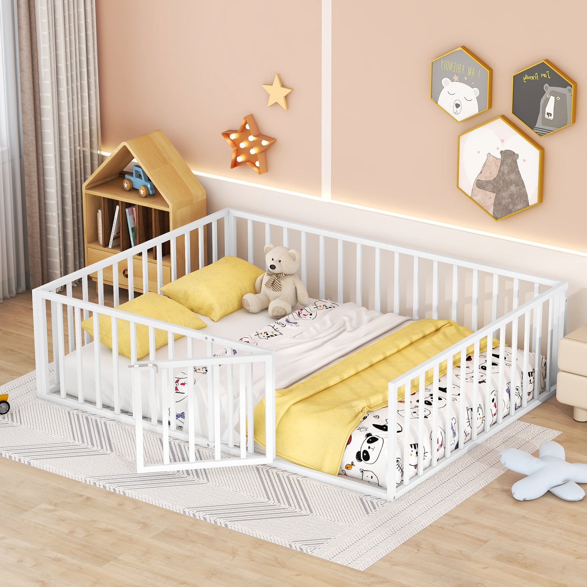 Queen Size Metal Floor Bed Frame With Fence And Door, White White Metal