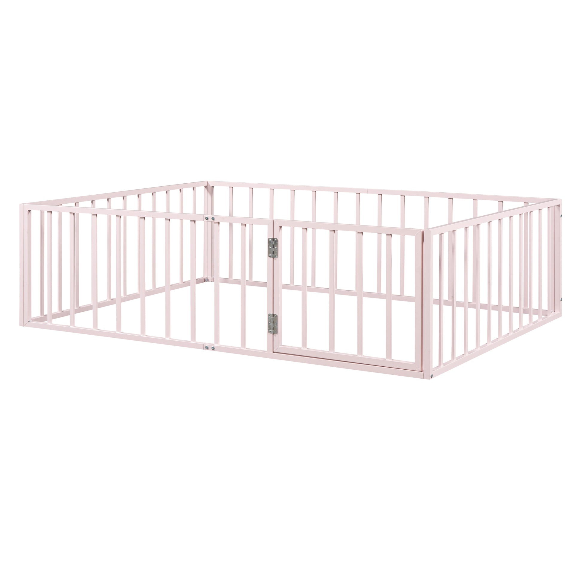 Full Size Metal Floor Bed Frame With Fence And Door, Pink Pink Metal