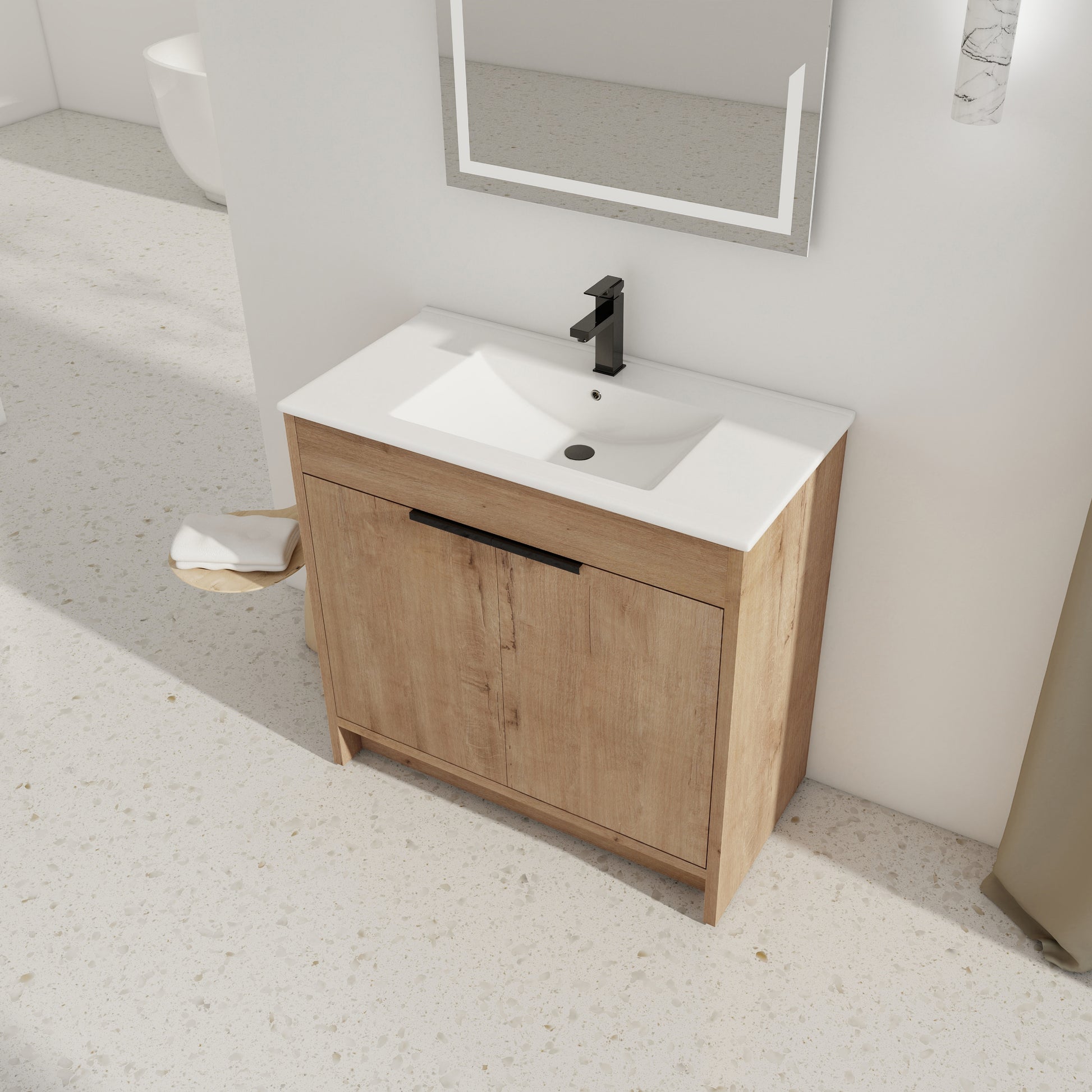 36" Freestanding Bathroom Vanity With White Ceramic Sink & 2 Soft Close Cabinet Doors Kd Packing ,Bvb02436Imo F Bl9090B Imitative Oak 2 Bathroom Freestanding Modern Plywood