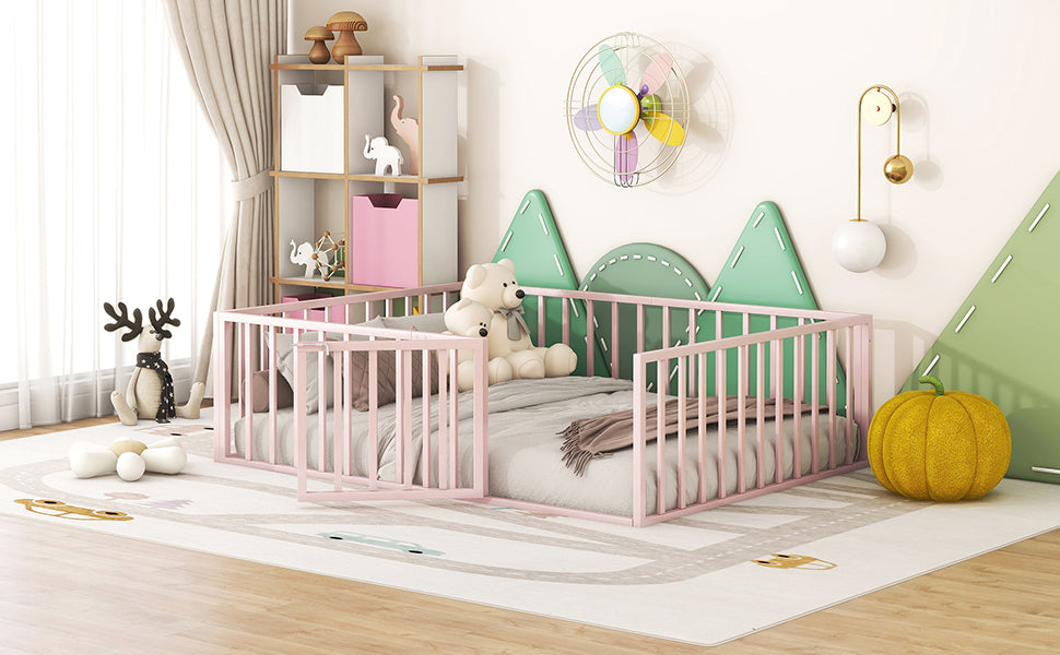 Full Size Metal Floor Bed Frame With Fence And Door, Pink Pink Metal