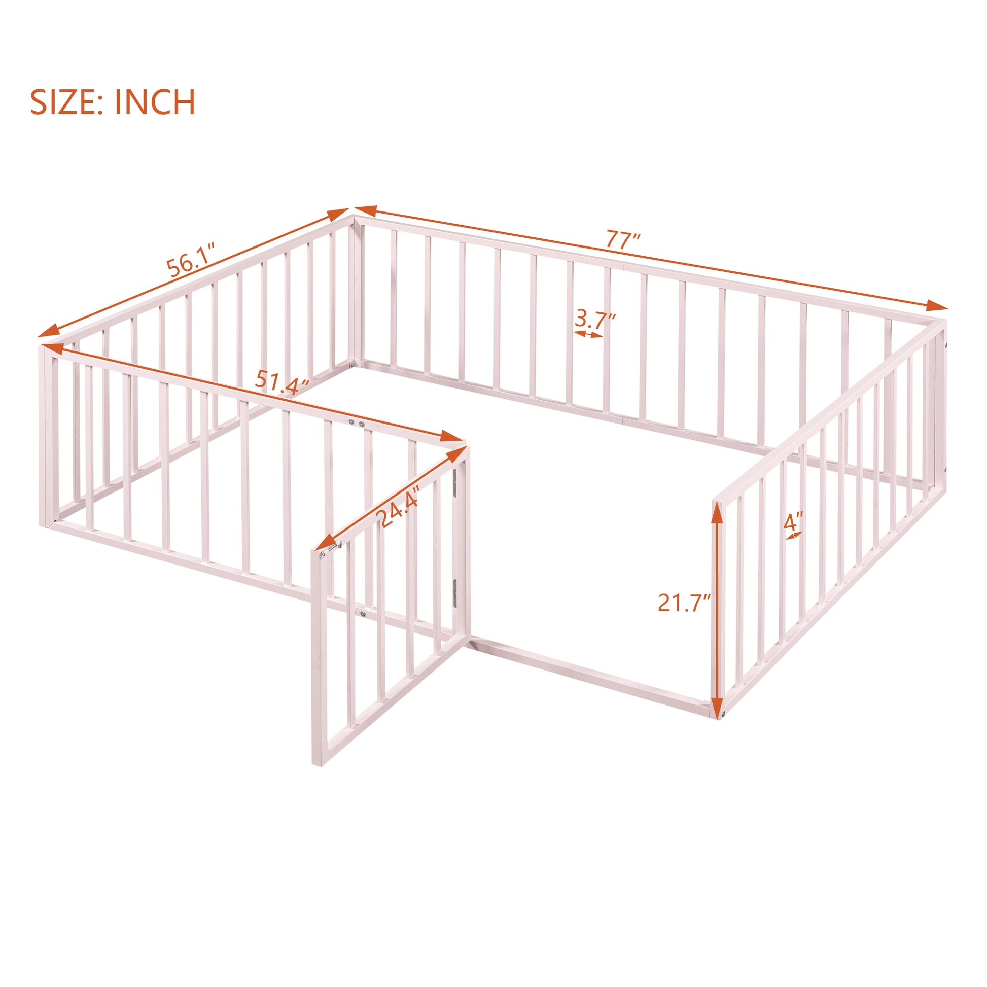 Full Size Metal Floor Bed Frame With Fence And Door, Pink Pink Metal