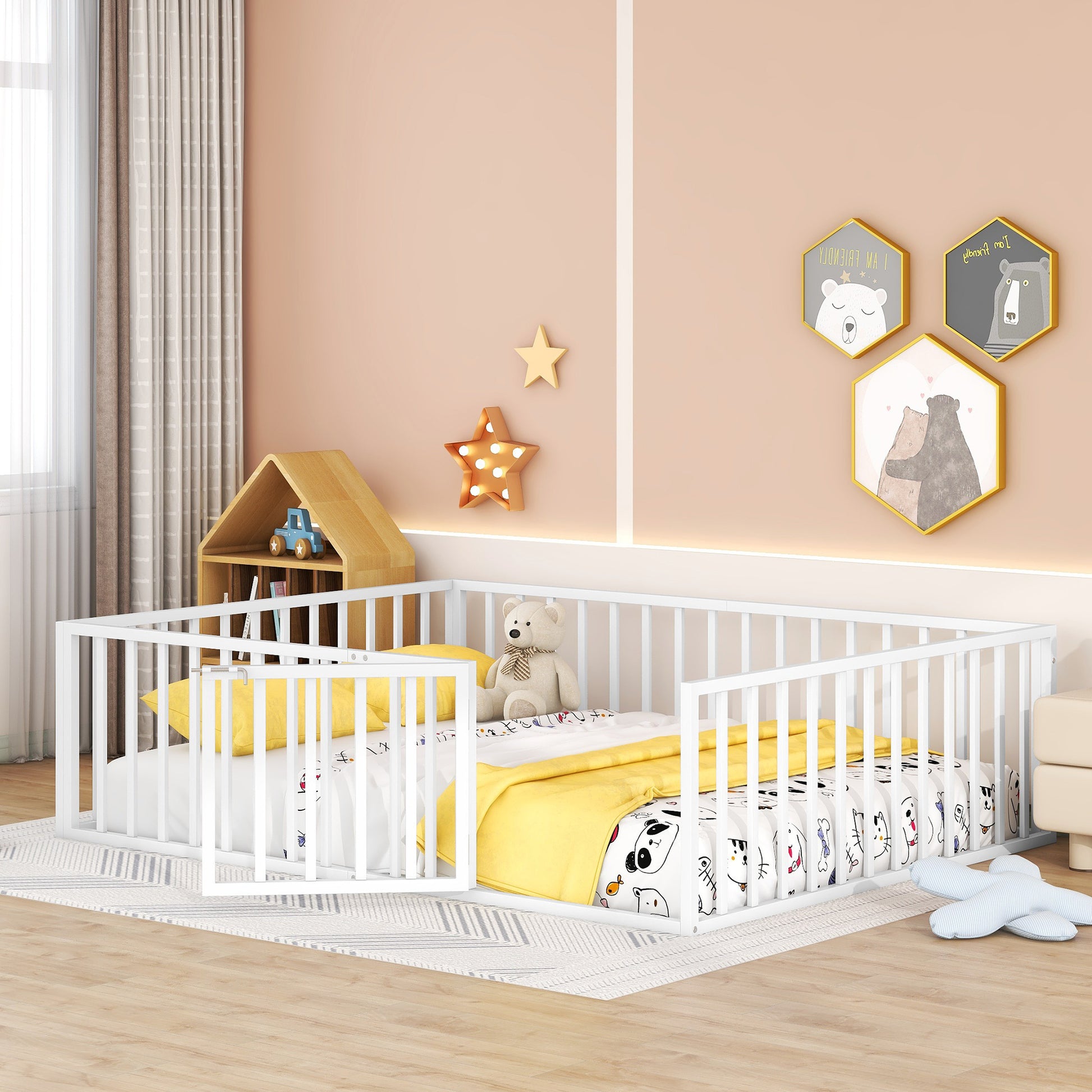 Queen Size Metal Floor Bed Frame With Fence And Door, White White Metal