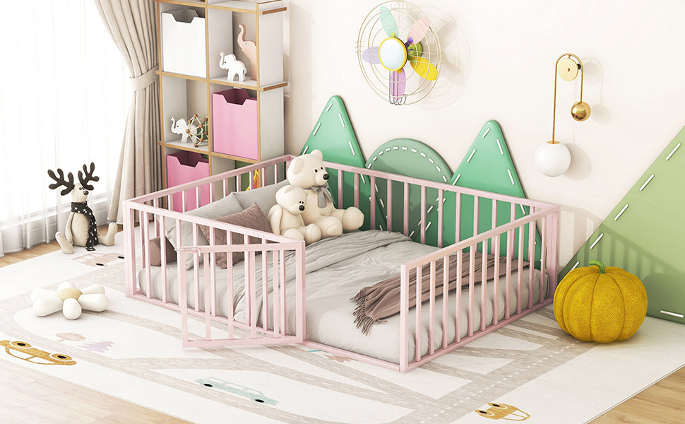 Full Size Metal Floor Bed Frame With Fence And Door, Pink Pink Metal