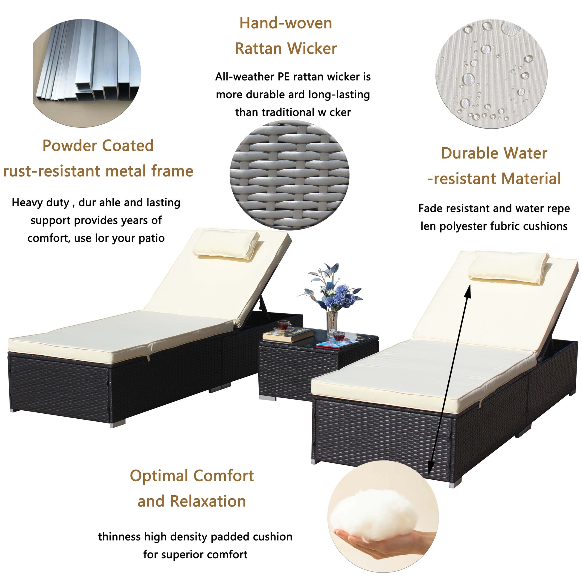 3 Piece Outdoor Patio Furniture Set Chaise Lounge, Patio Reclining Rattan Lounge Chair Chaise Couch Cushioned With Glass Coffee Table, Adjustable Back And Feet, Lounger Chair For Pool Garden, Beige Dark Gray Iron