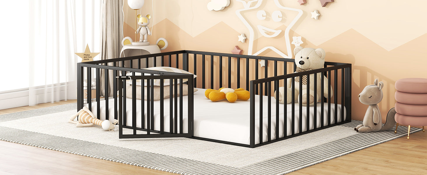 Queen Size Metal Floor Bed Frame With Fence And Door, Black Black Metal