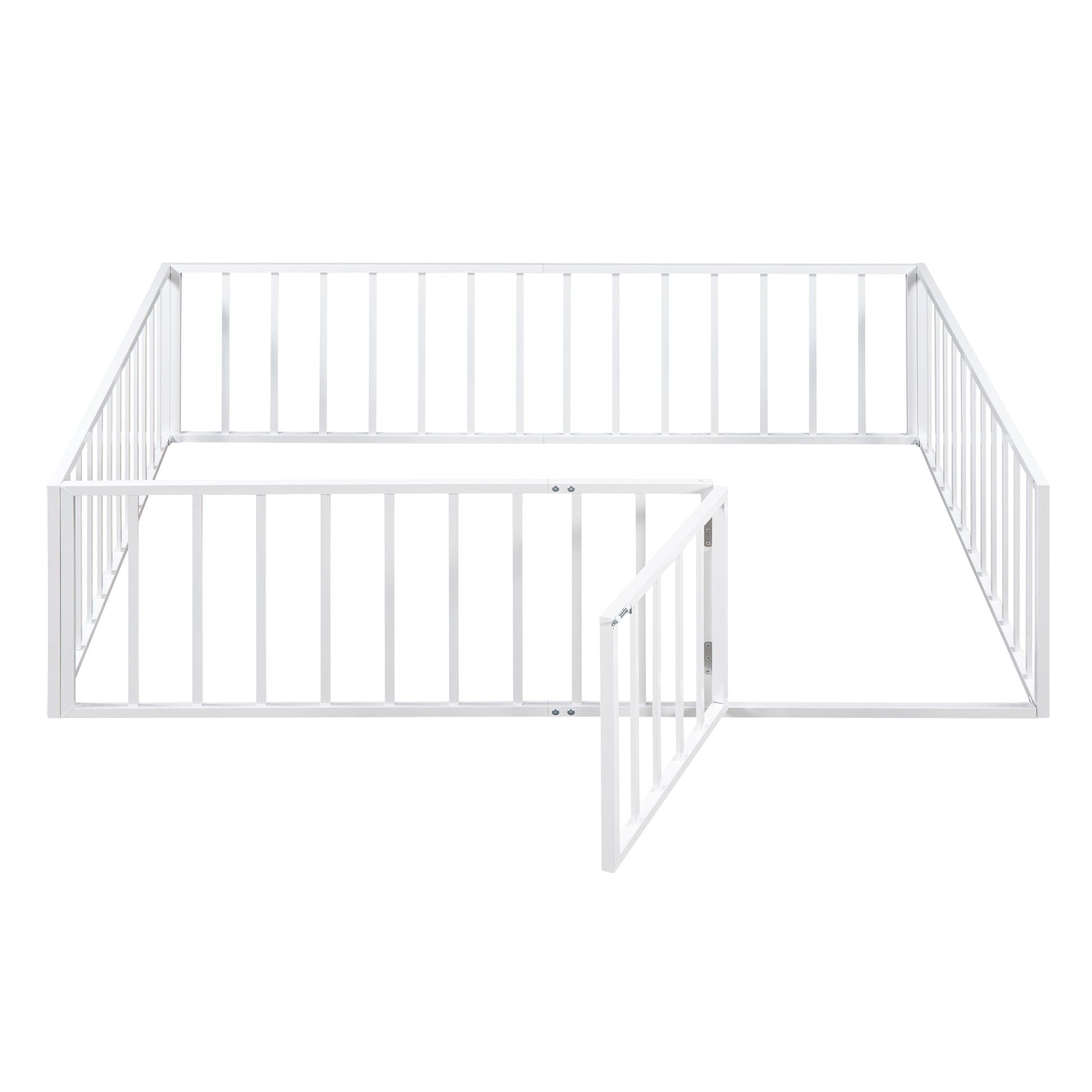 Full Size Metal Floor Bed Frame With Fence And Door, White White Metal