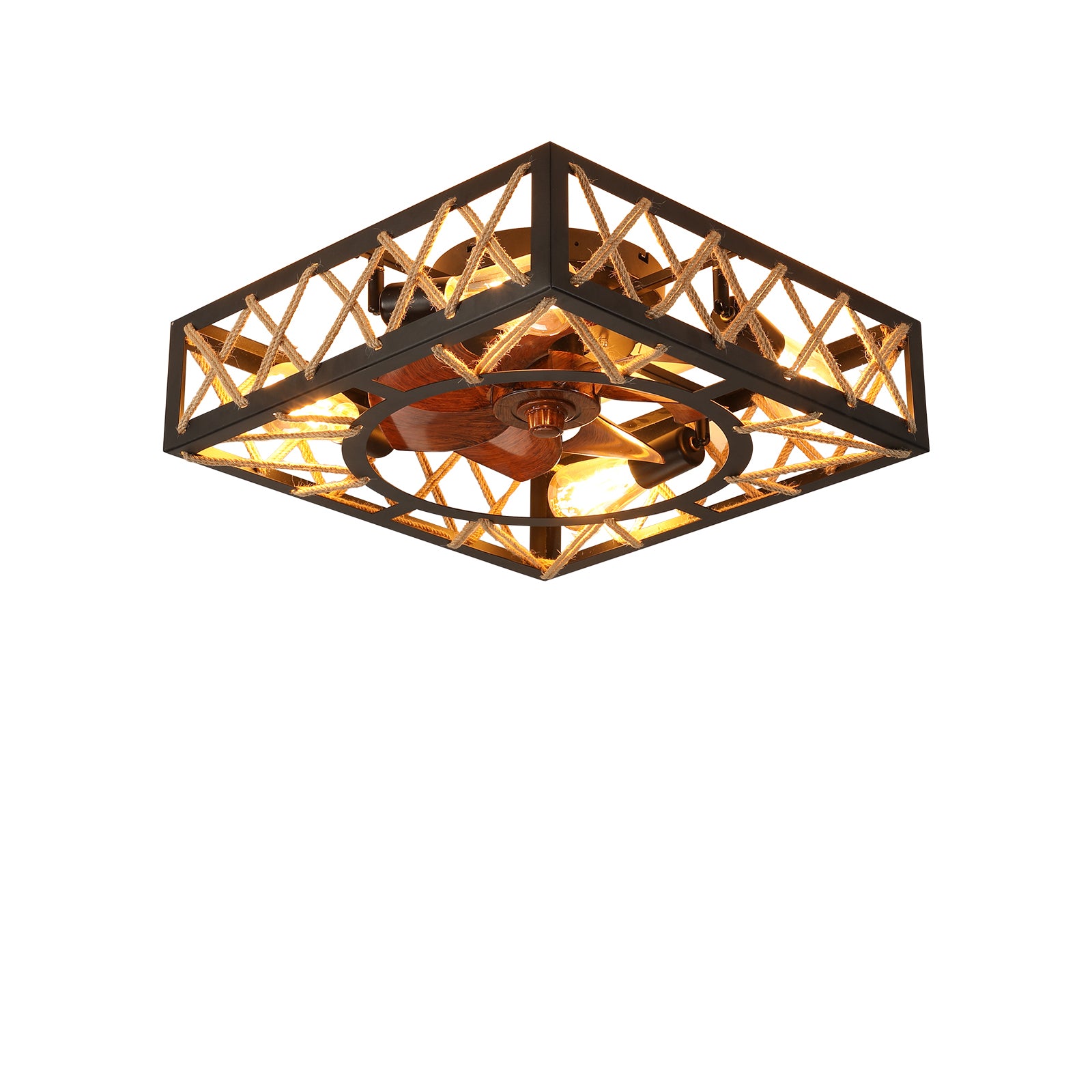 Farmhouse Rustic Ceiling Fan And Remote Control,Square Caged Industrial Ceiling Fixture With 6 Speeds & Noiseless Dc Motor For Kitchen Dining Room Living Room Bedroom Black Abs Iron