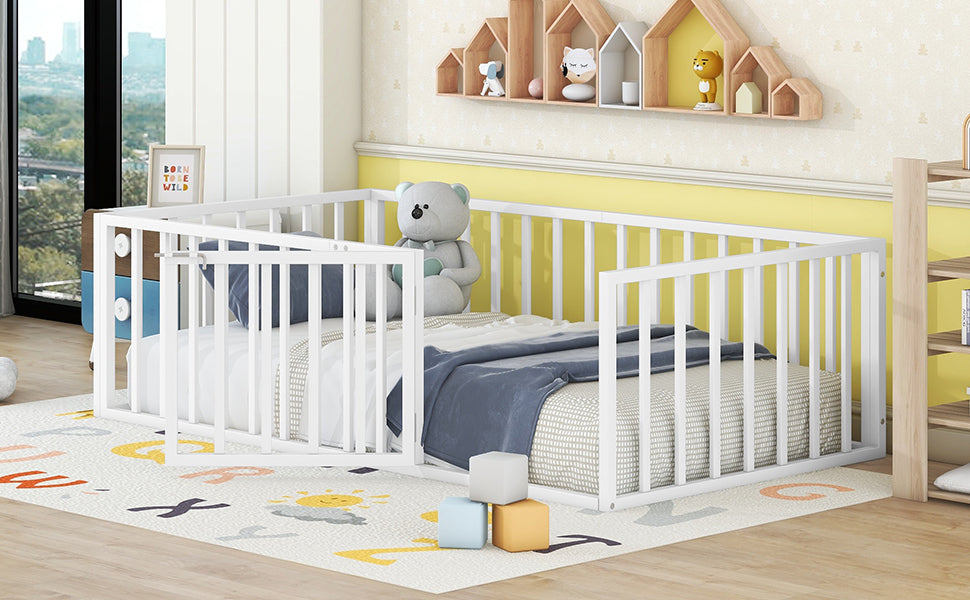 Twin Size Metal Floor Bed Frame With Fence And Door, White White Metal