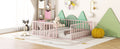 Full Size Metal Floor Bed Frame With Fence And Door, Pink Pink Metal