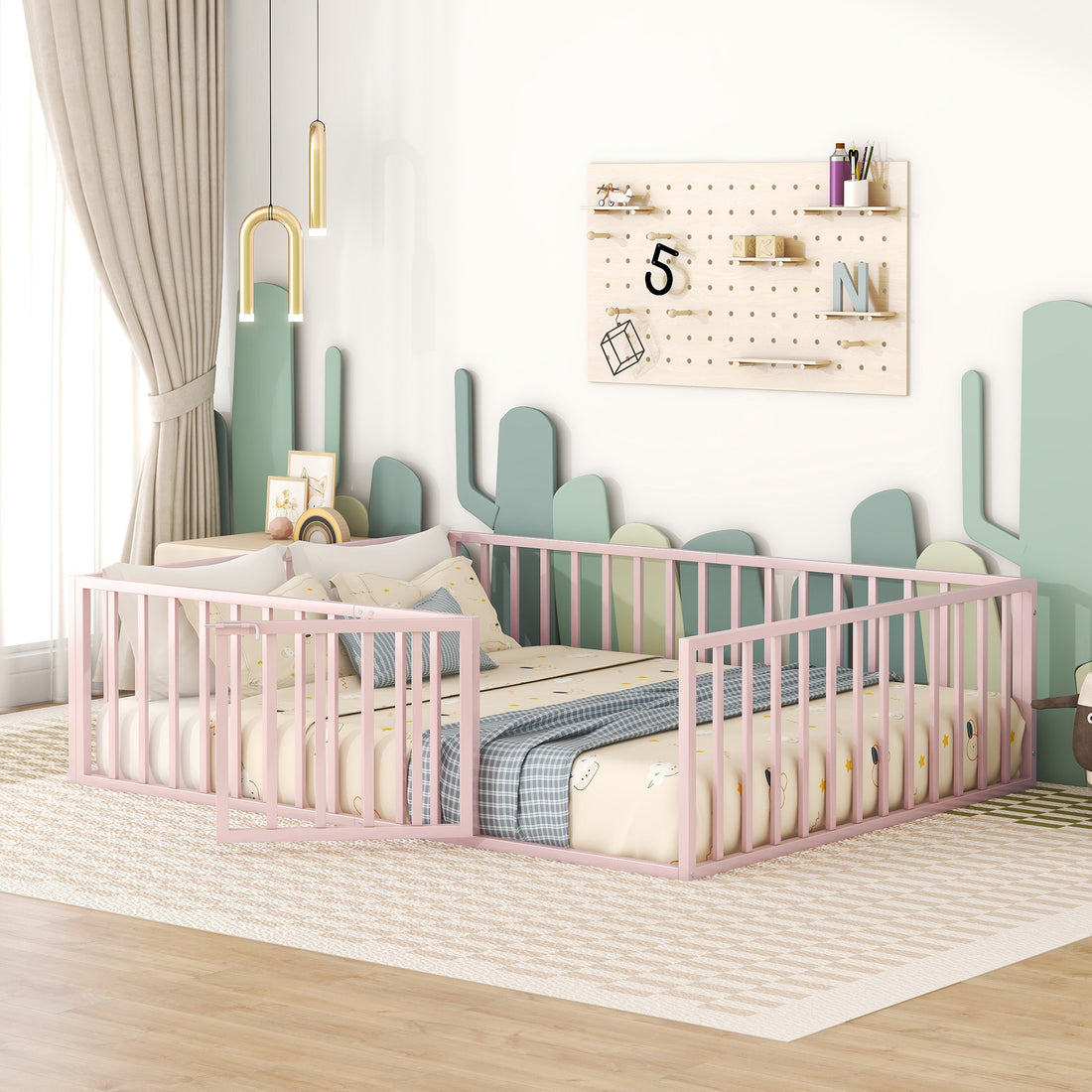 Queen Size Metal Floor Bed Frame With Fence And Door, Pink Pink Metal