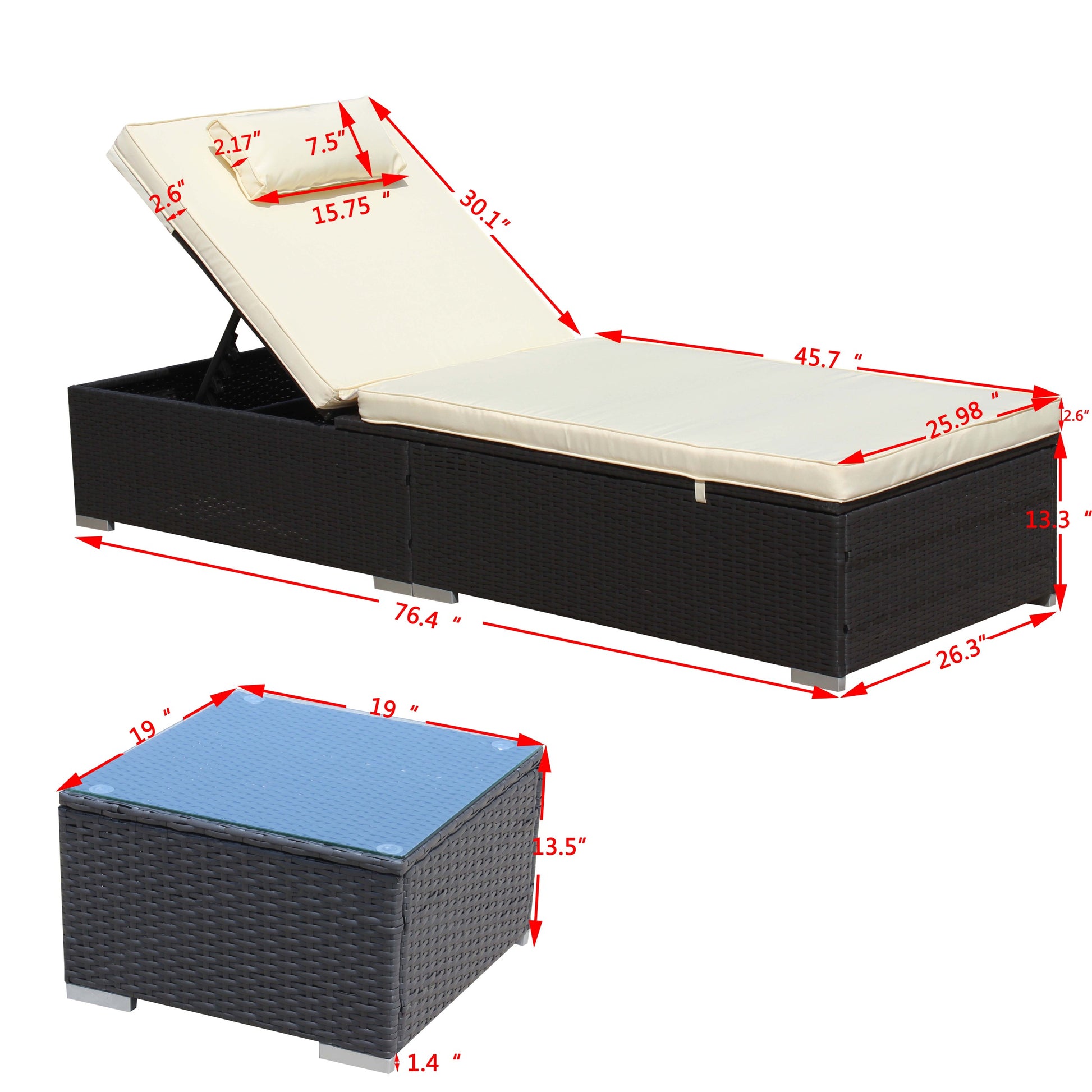 3 Piece Outdoor Patio Furniture Set Chaise Lounge, Patio Reclining Rattan Lounge Chair Chaise Couch Cushioned With Glass Coffee Table, Adjustable Back And Feet, Lounger Chair For Pool Garden, Beige Dark Gray Iron