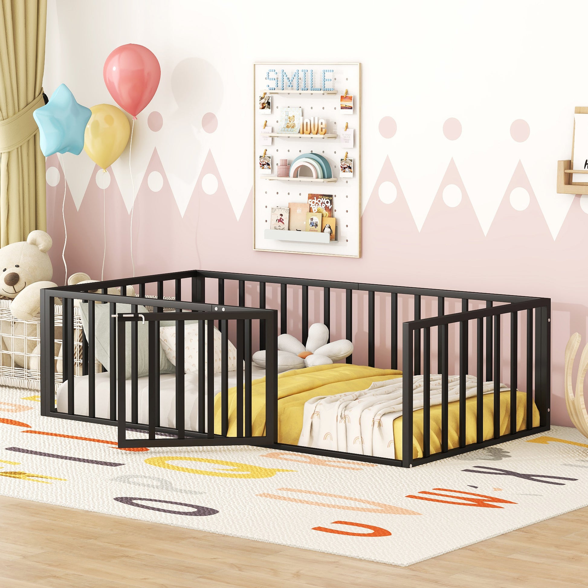 Twin Size Metal Floor Bed Frame With Fence And Door, Black Black Metal