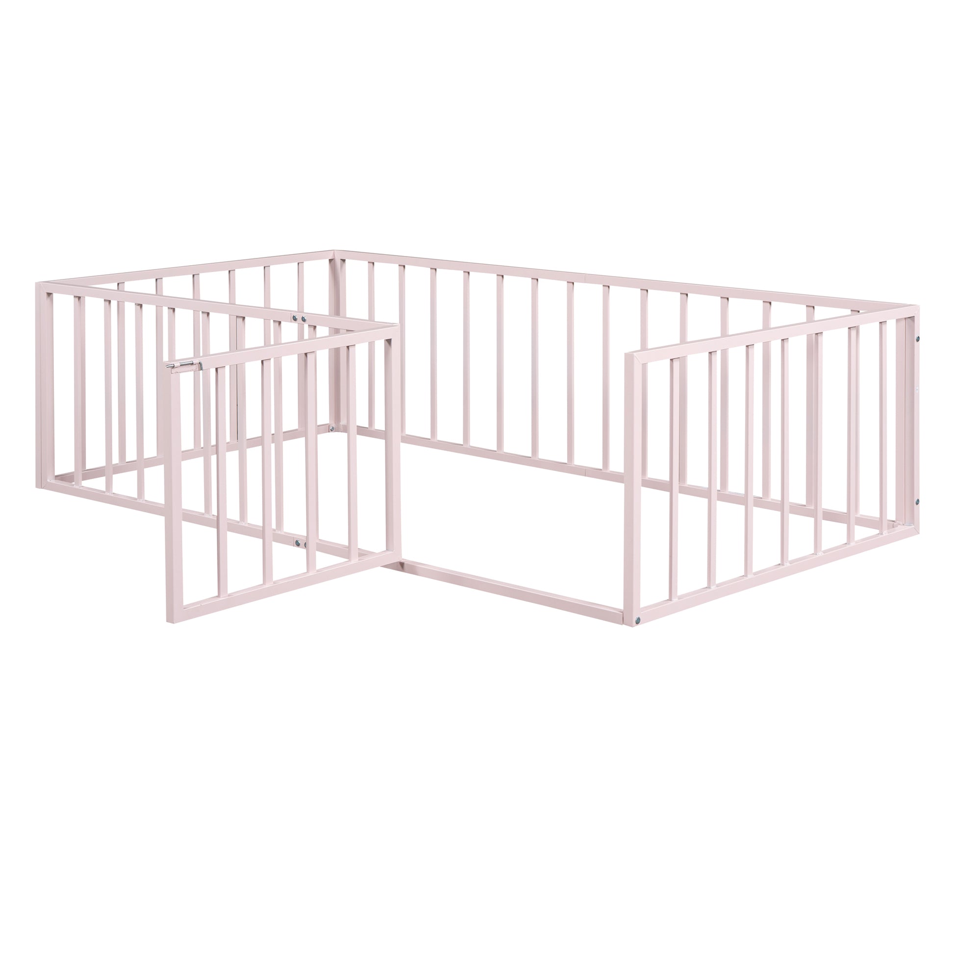 Twin Size Metal Floor Bed Frame With Fence And Door, Pink Pink Metal