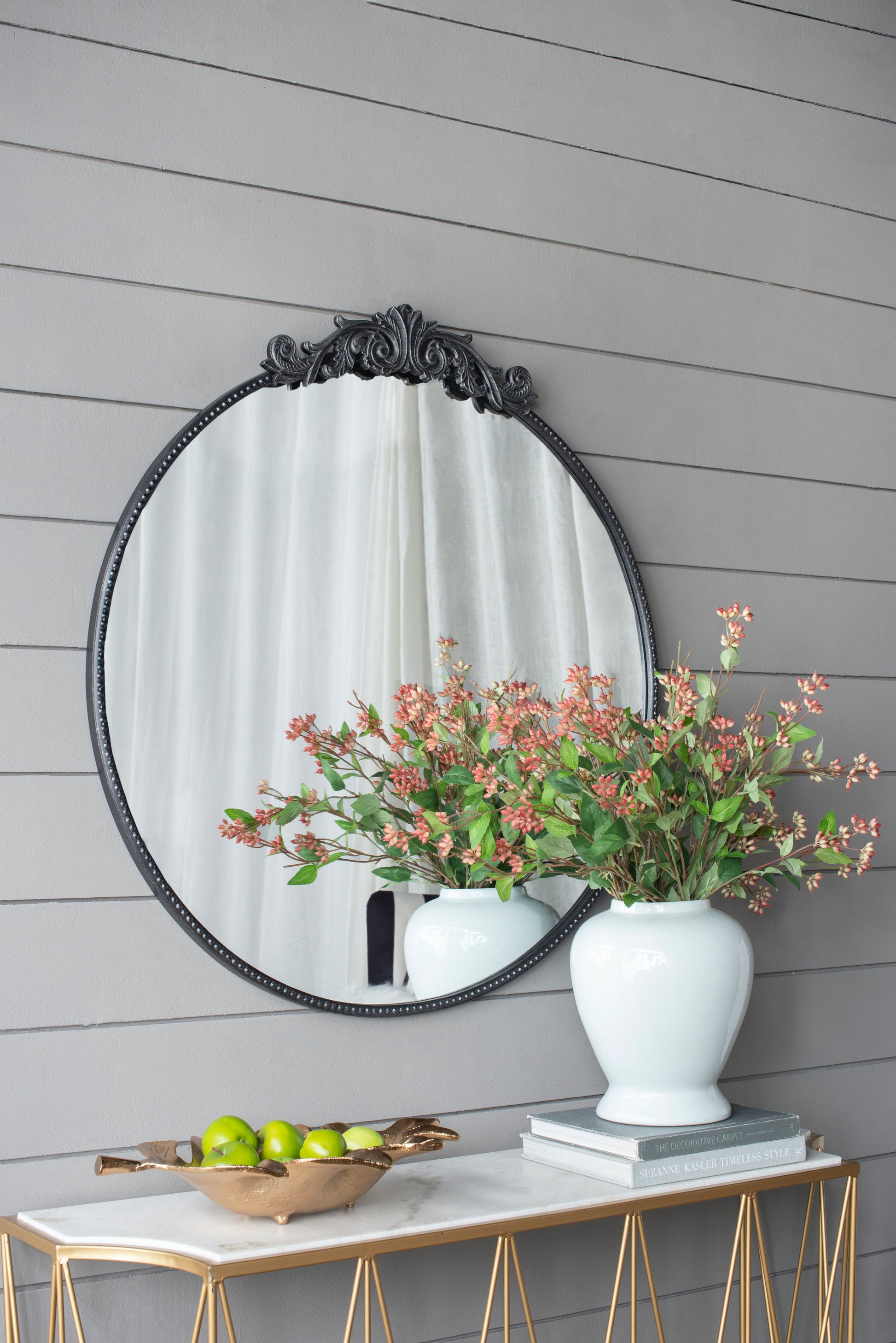 36" X 39" Classic Design Mirror With Round Shape And Baroque Inspired Frame For Bathroom, Entryway Console Lean Against Wall Black Mdf Glass