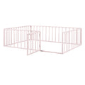 Full Size Metal Floor Bed Frame With Fence And Door, Pink Pink Metal