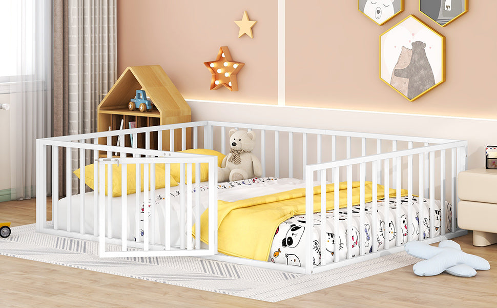 Queen Size Metal Floor Bed Frame With Fence And Door, White White Metal