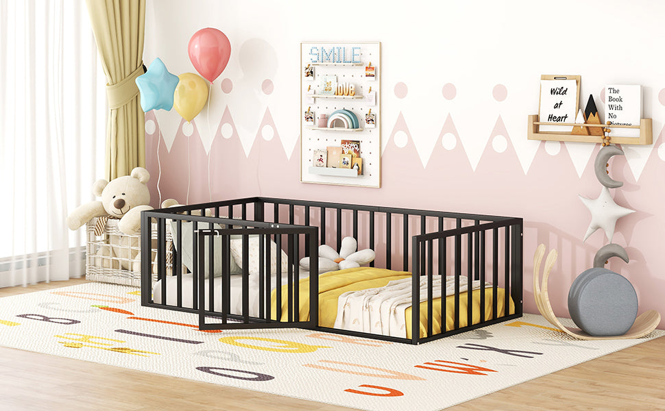 Twin Size Metal Floor Bed Frame With Fence And Door, Black Black Metal