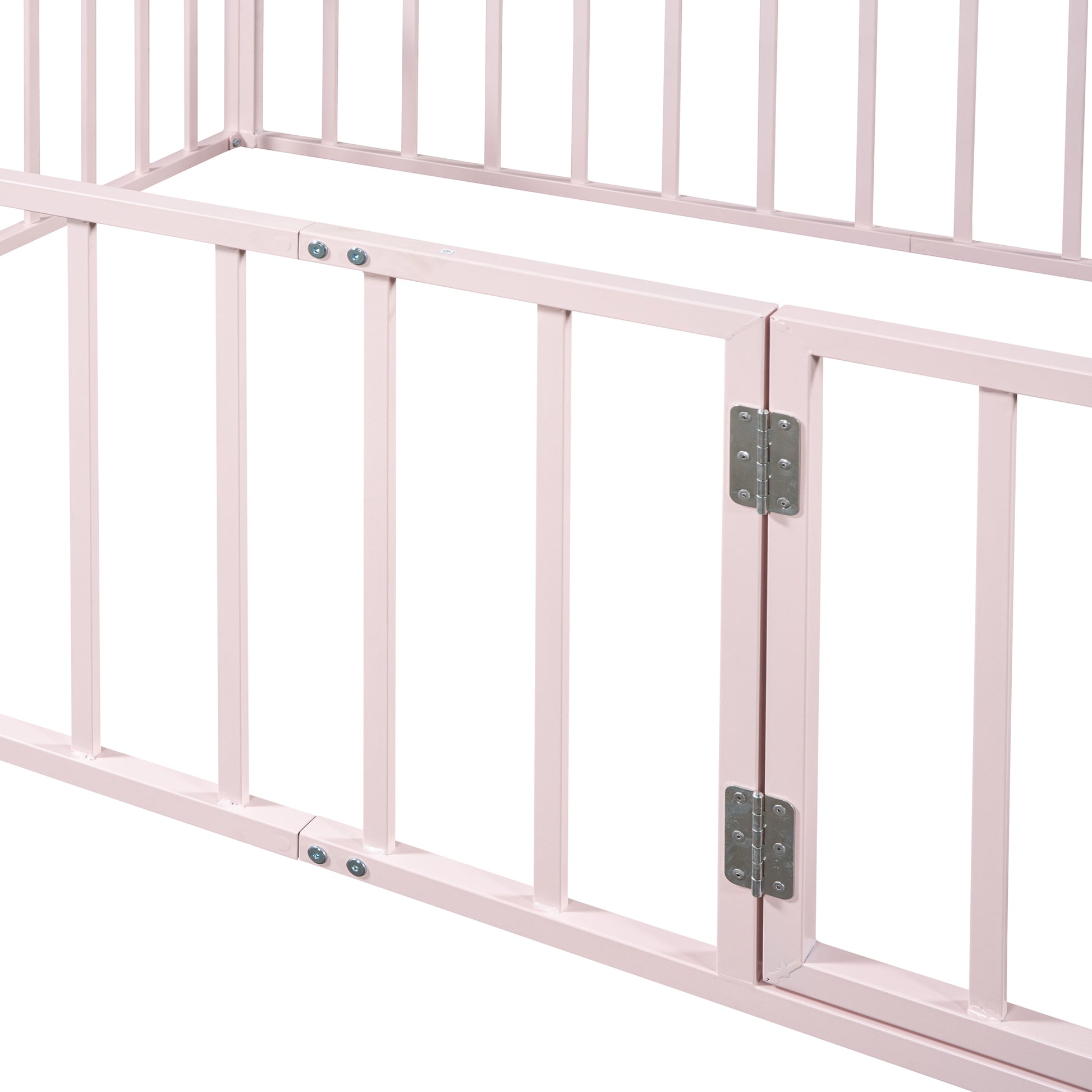 Full Size Metal Floor Bed Frame With Fence And Door, Pink Pink Metal