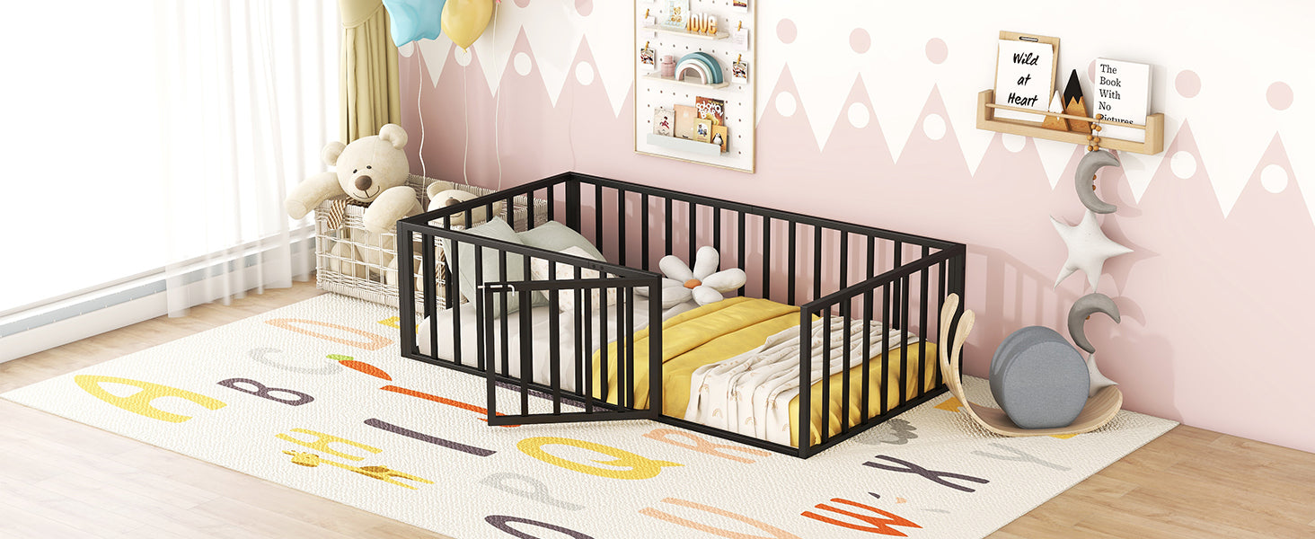 Twin Size Metal Floor Bed Frame With Fence And Door, Black Black Metal
