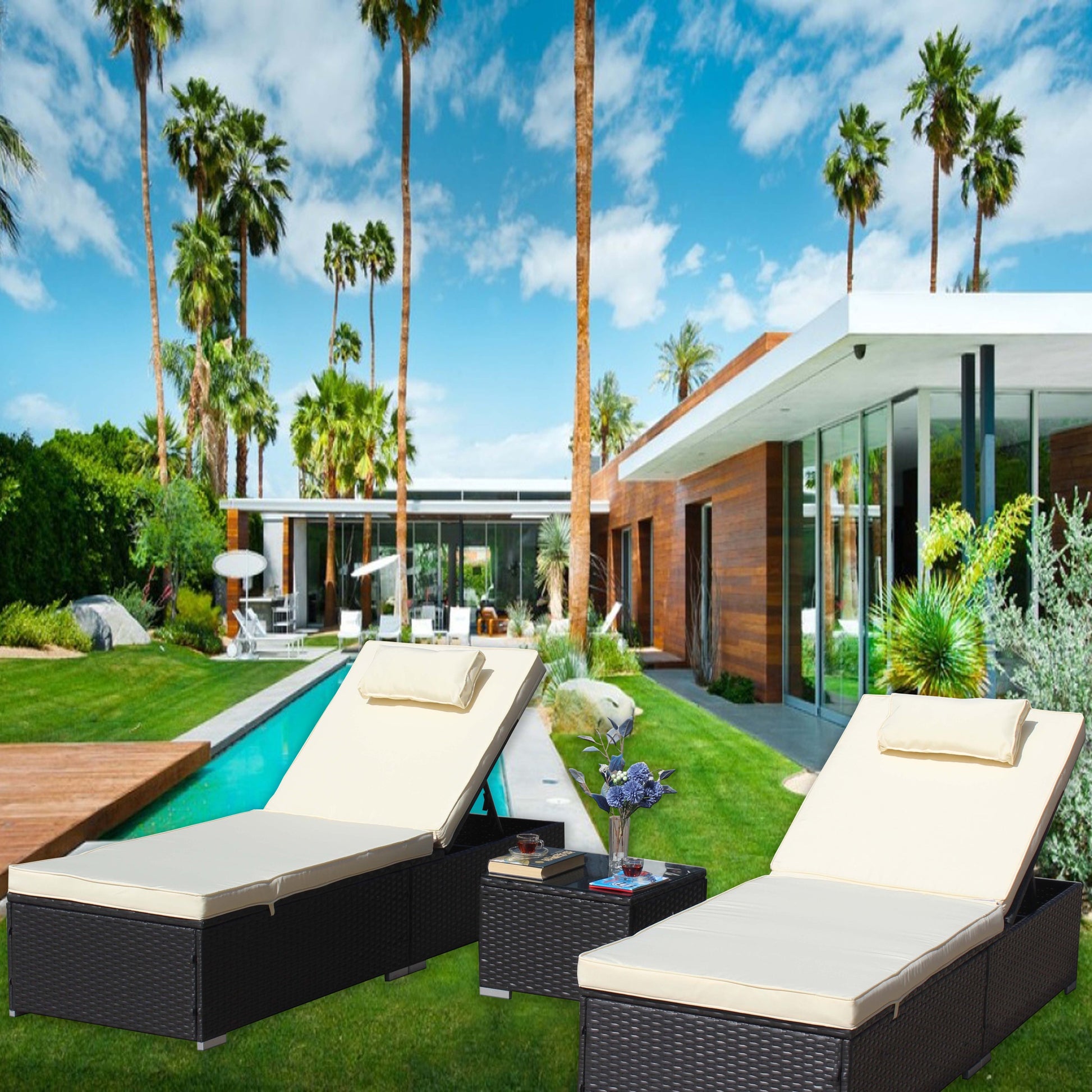 3 Piece Outdoor Patio Furniture Set Chaise Lounge, Patio Reclining Rattan Lounge Chair Chaise Couch Cushioned With Glass Coffee Table, Adjustable Back And Feet, Lounger Chair For Pool Garden, Beige Dark Gray Iron