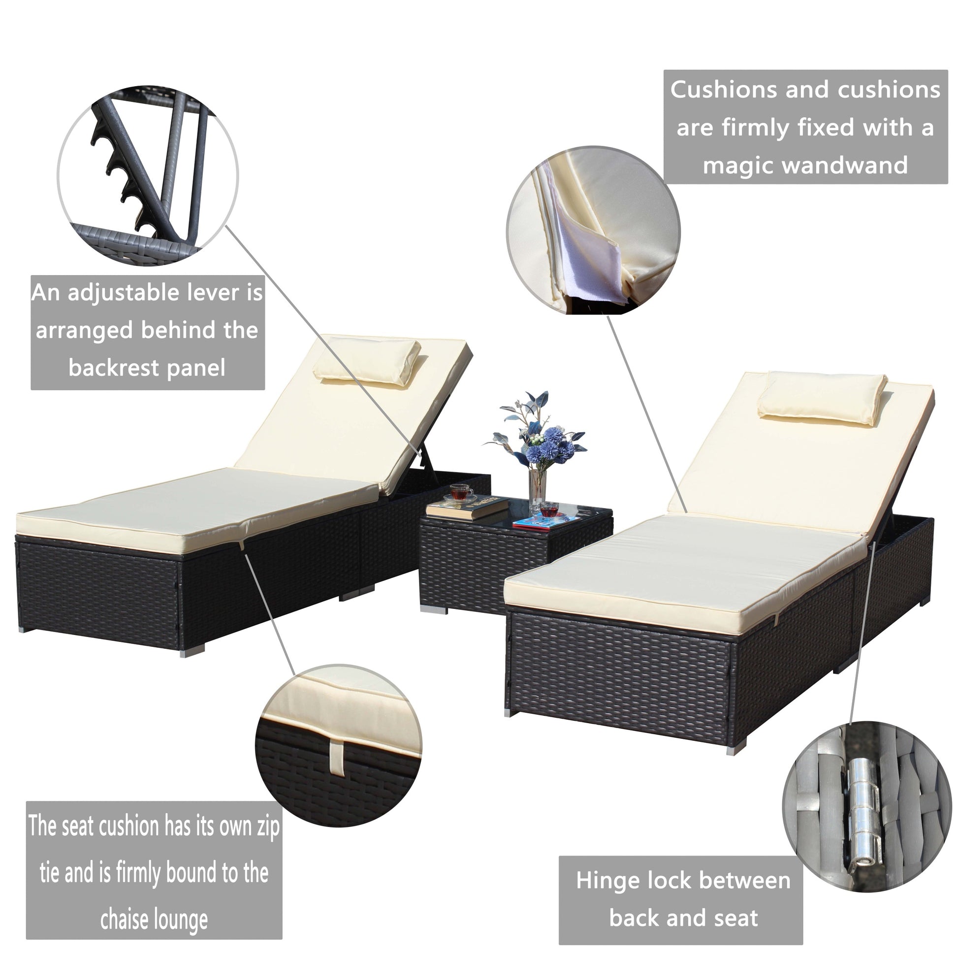 3 Piece Outdoor Patio Furniture Set Chaise Lounge, Patio Reclining Rattan Lounge Chair Chaise Couch Cushioned With Glass Coffee Table, Adjustable Back And Feet, Lounger Chair For Pool Garden, Beige Dark Gray Iron