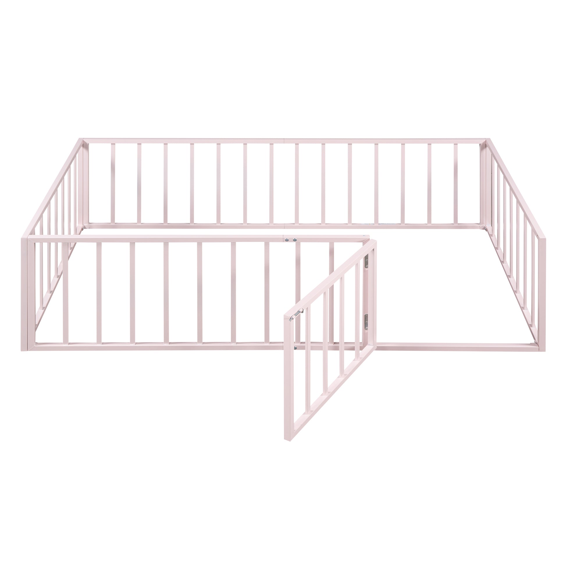 Twin Size Metal Floor Bed Frame With Fence And Door, Pink Pink Metal