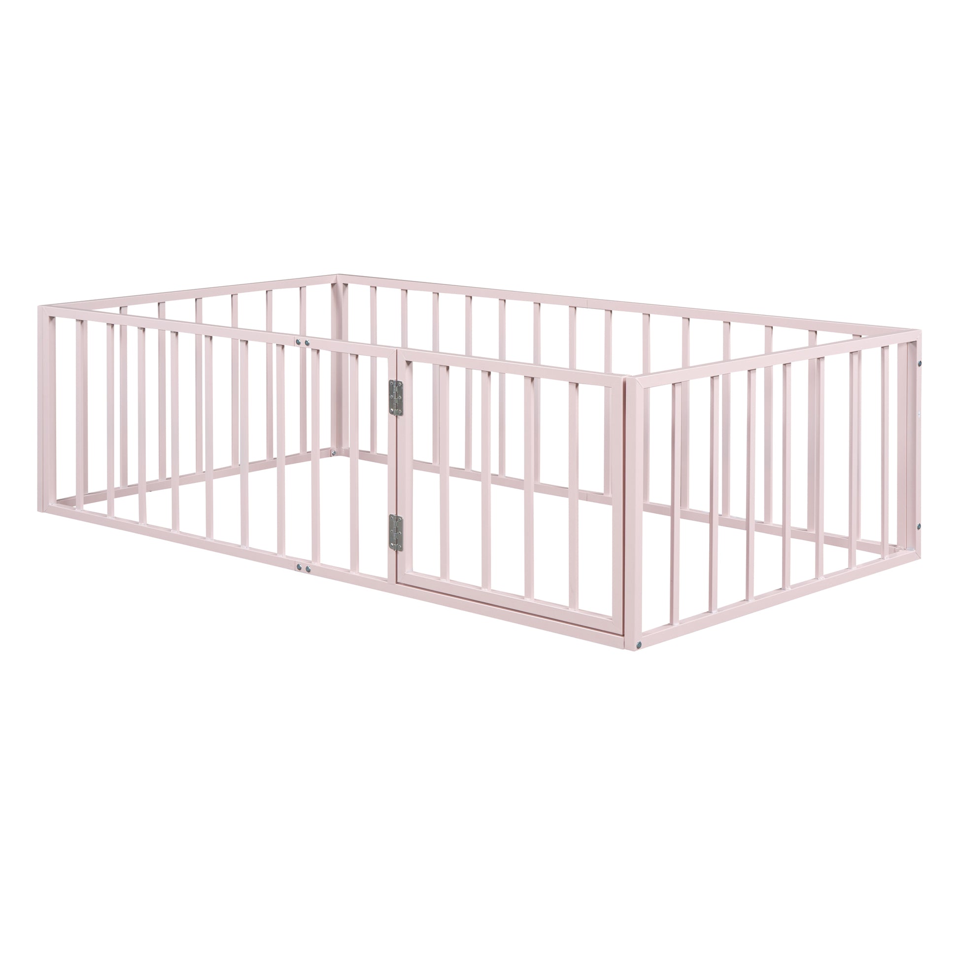 Twin Size Metal Floor Bed Frame With Fence And Door, Pink Pink Metal