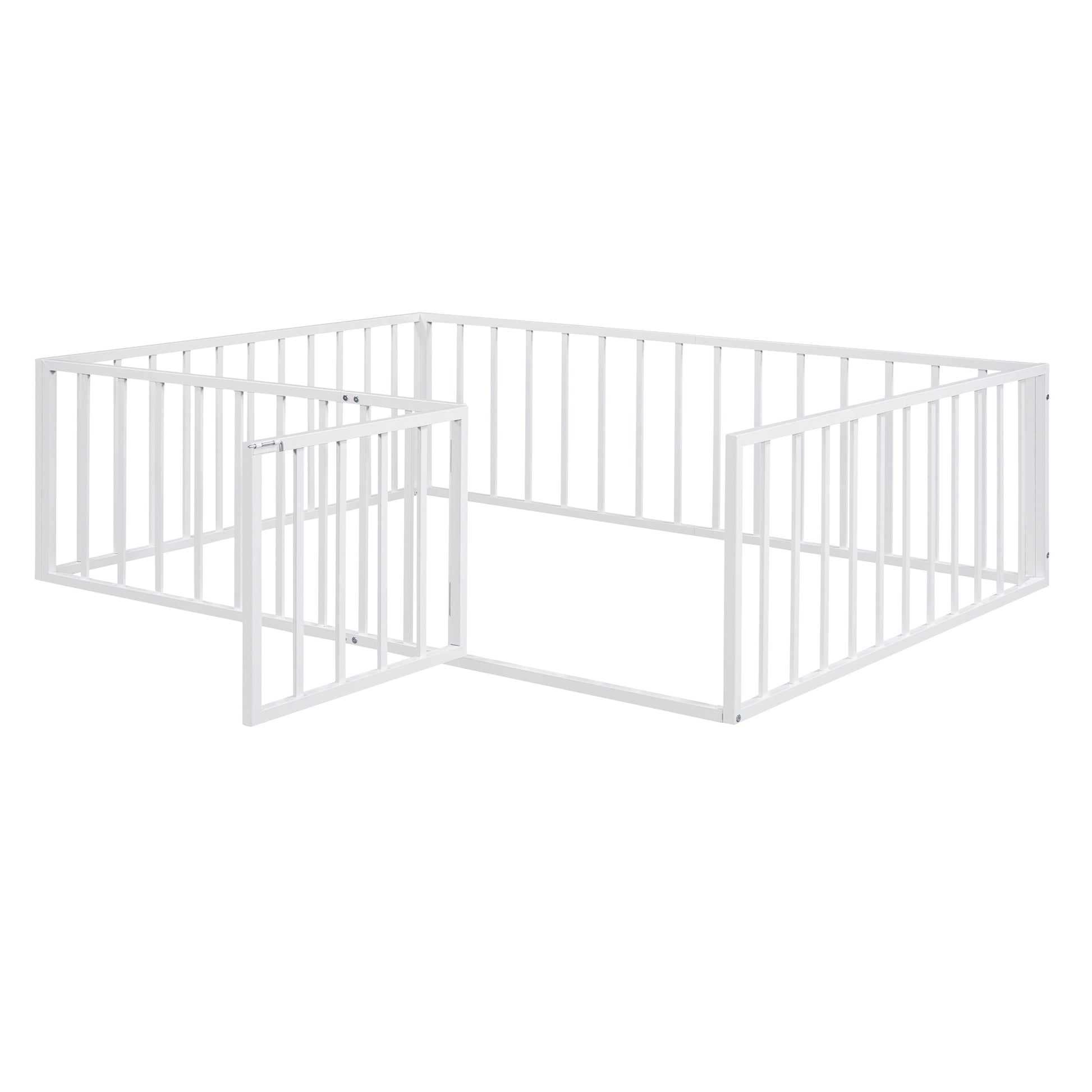 Full Size Metal Floor Bed Frame With Fence And Door, White White Metal