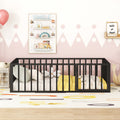 Twin Size Metal Floor Bed Frame With Fence And Door, Black Black Metal
